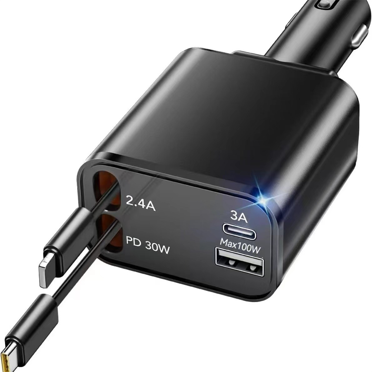 Ein schwarzes Autoladegerät mit zwei Kabeln und einem USB-Anschluss. Etiketten zeigen die Leistung.