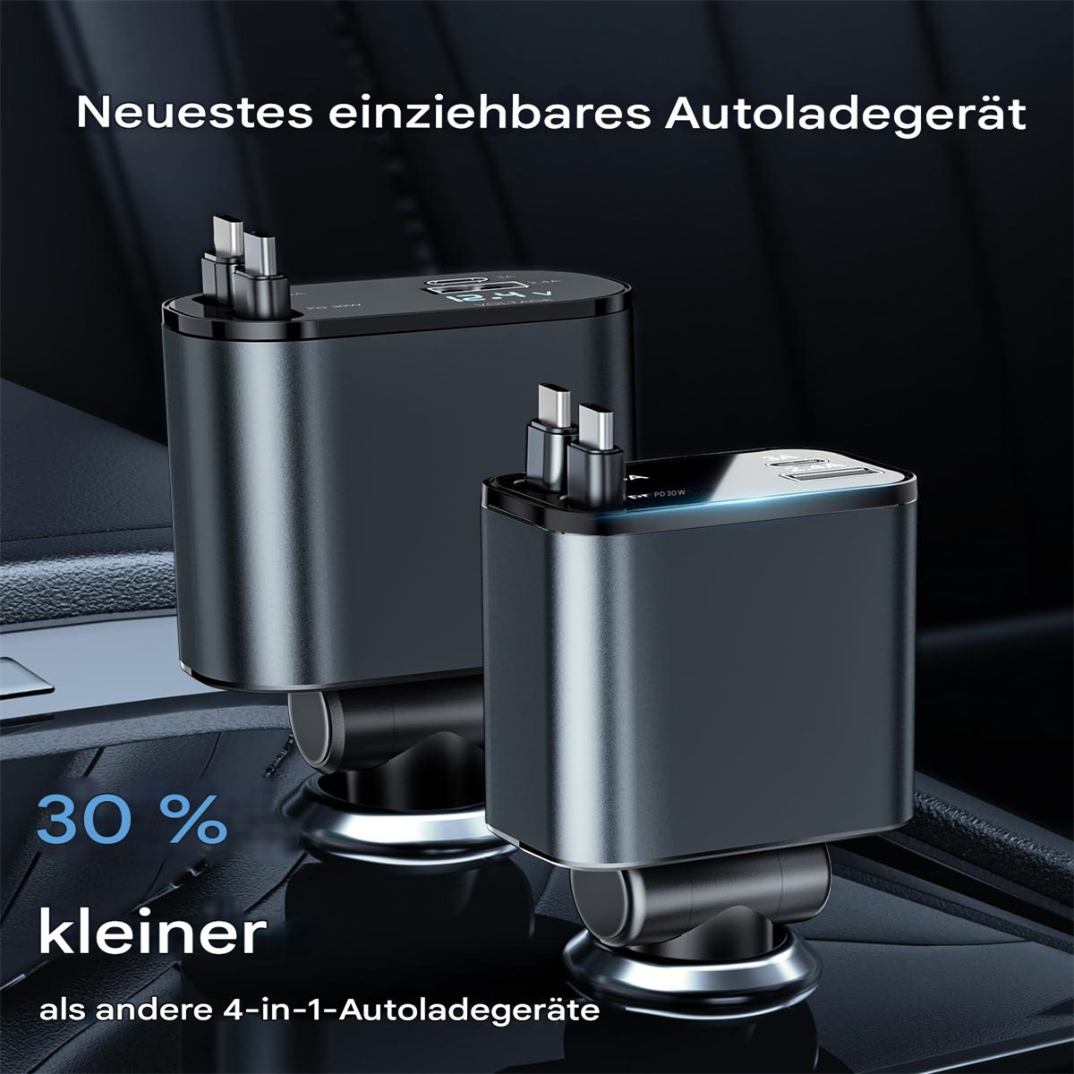 Zwei schwarze Autoladegeräte mit Kabeln auf einer Autokonsole. Text zeigt, sie sind kleiner.