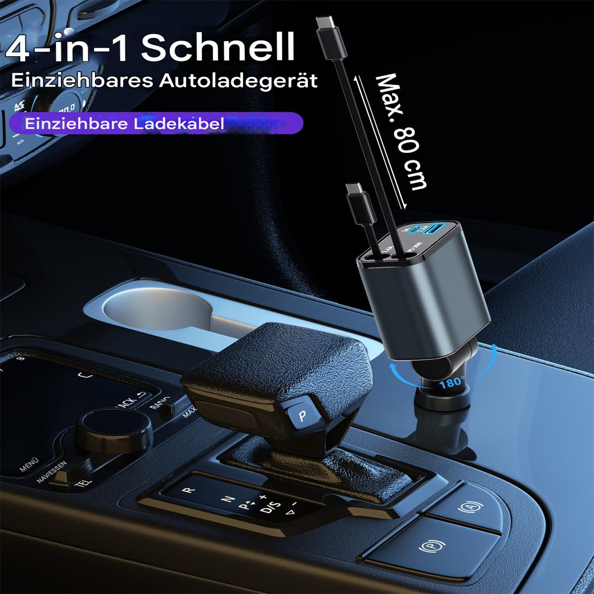 Eine Autokonsole mit Ladegerät und Kabel. Der Schalthebel ist sichtbar.