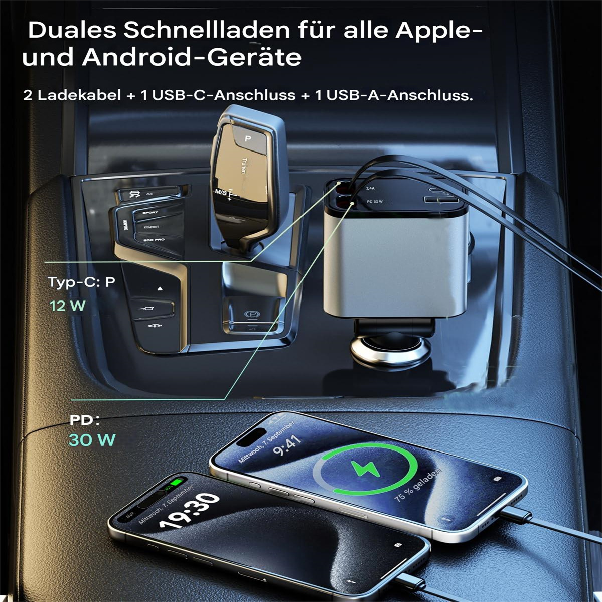 Zwei Telefone werden in einem Auto geladen. Es gibt ein Autoladegerät mit mehreren Anschlüssen.
