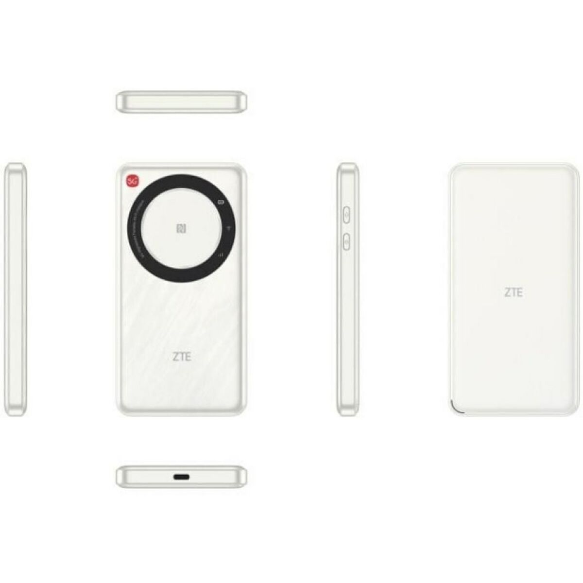 Biały telefon z wieloma widokami, przód, boki i góra.