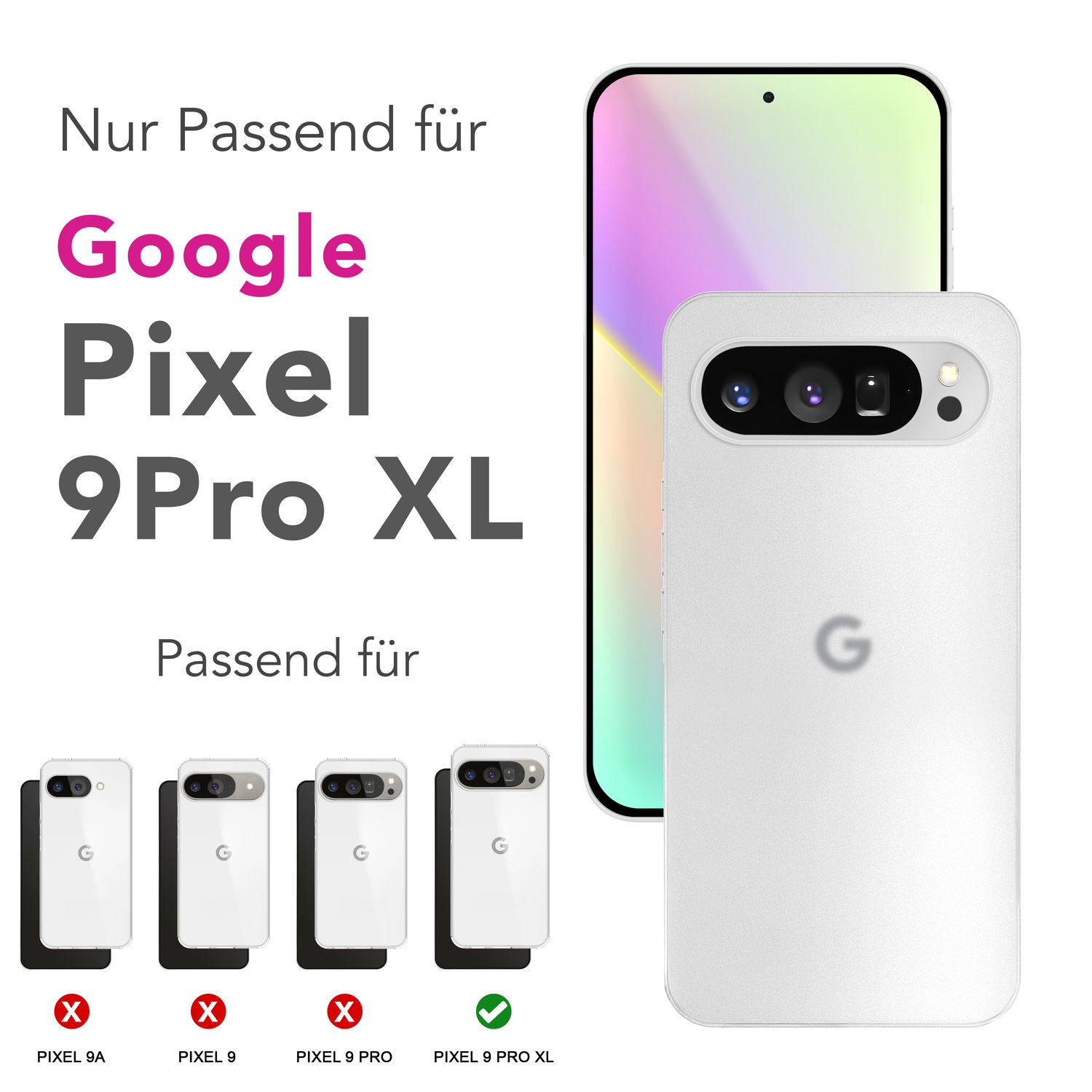 Una custodia bianca accanto a un telefono. Il testo indica la compatibilità con Google Pixel 9 Pro XL.