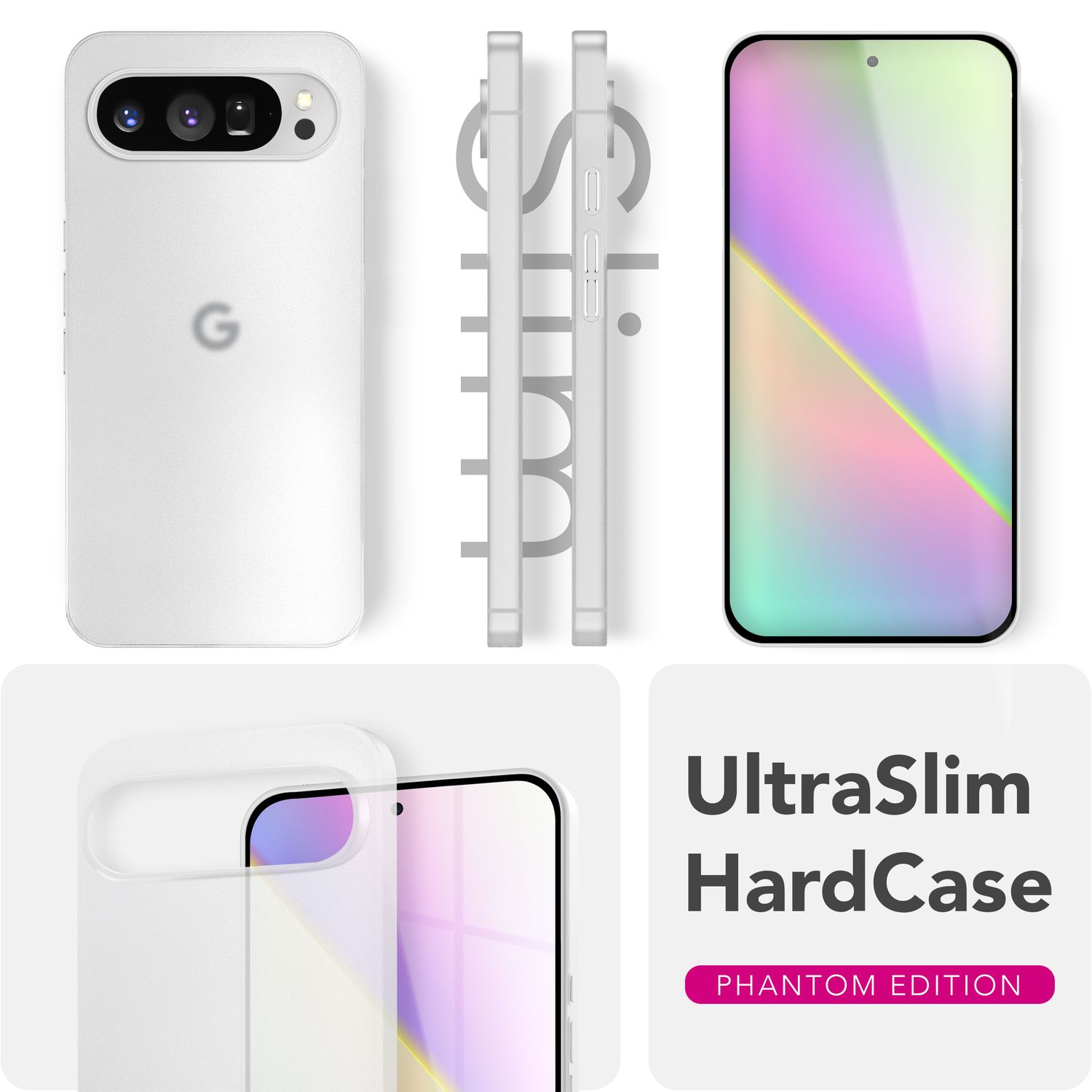 Custodia bianca per telefono, mostrando diverse angolazioni e display colorato.