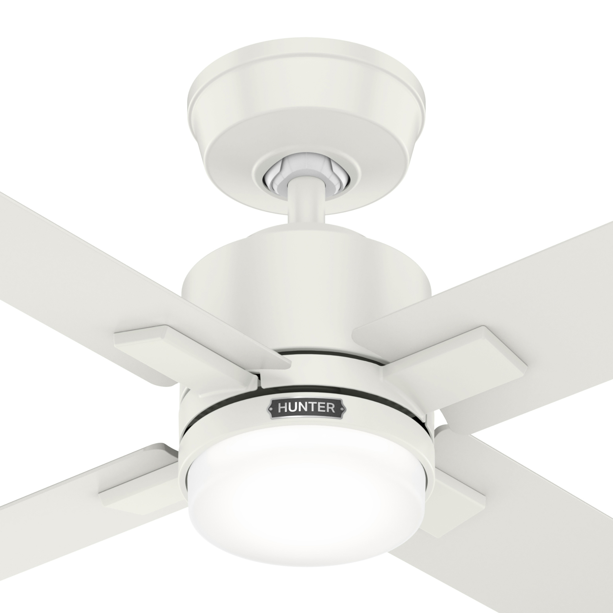 Nahaufnahme eines weißen Deckenventilators mit vier Flügeln und Licht.