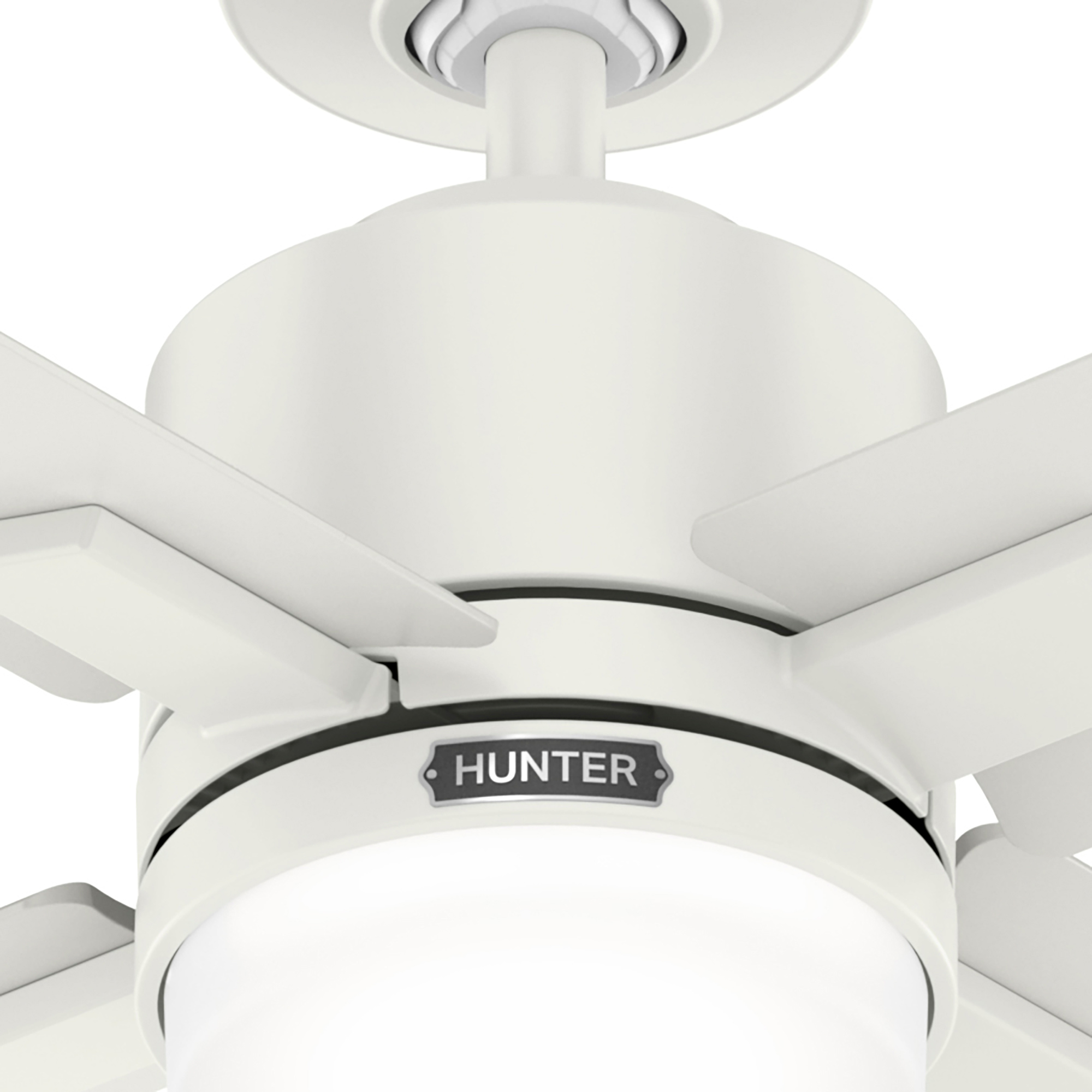 Nahaufnahme eines weißen Deckenventilators mit Hunter-Logo und Licht.