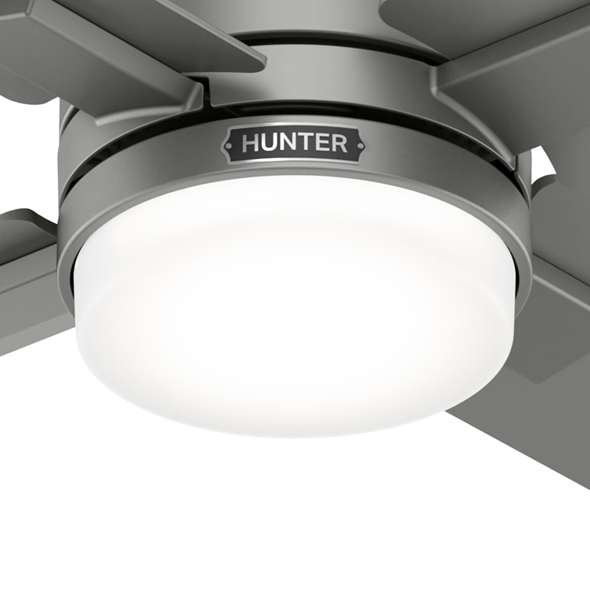 Grauer Deckenventilator mit Licht und vier Flügeln. Hunter-Logo sichtbar. Weißer Hintergrund.