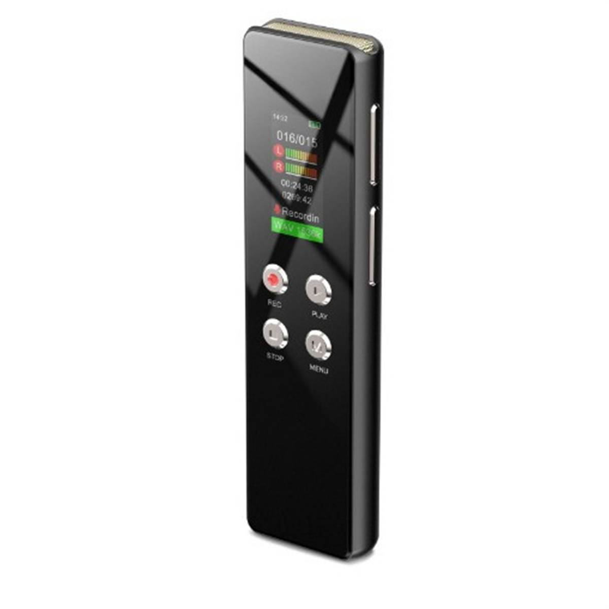 Ein schwarzes Aufnahmegerät mit Bildschirm, Tasten und USB-Anschluss auf weißem Hintergrund.