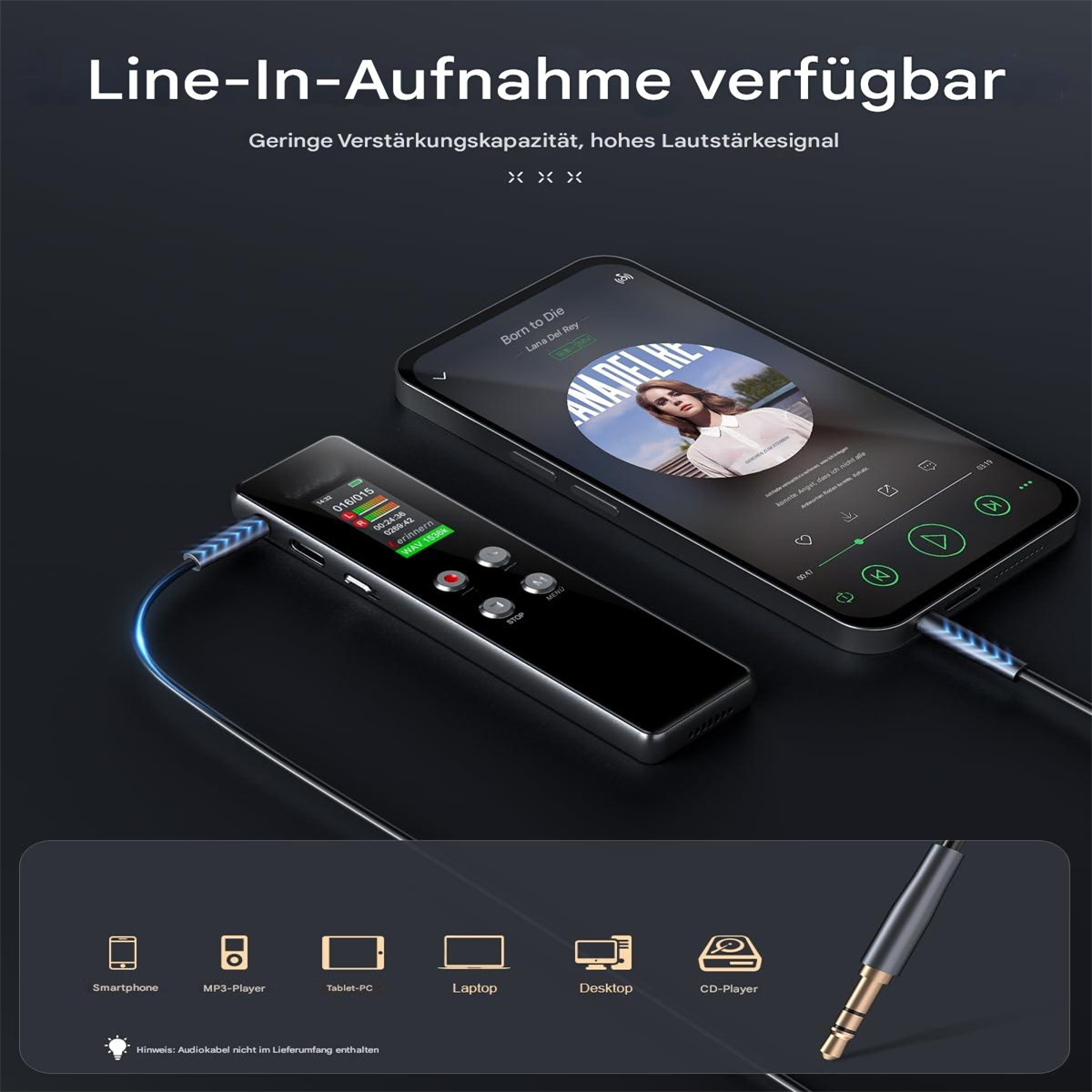 Ein schwarzes Diktiergerät, verbunden mit Smartphone und Kabel, mit Gerätesymbolen unten. Telefon zeigt Musik.