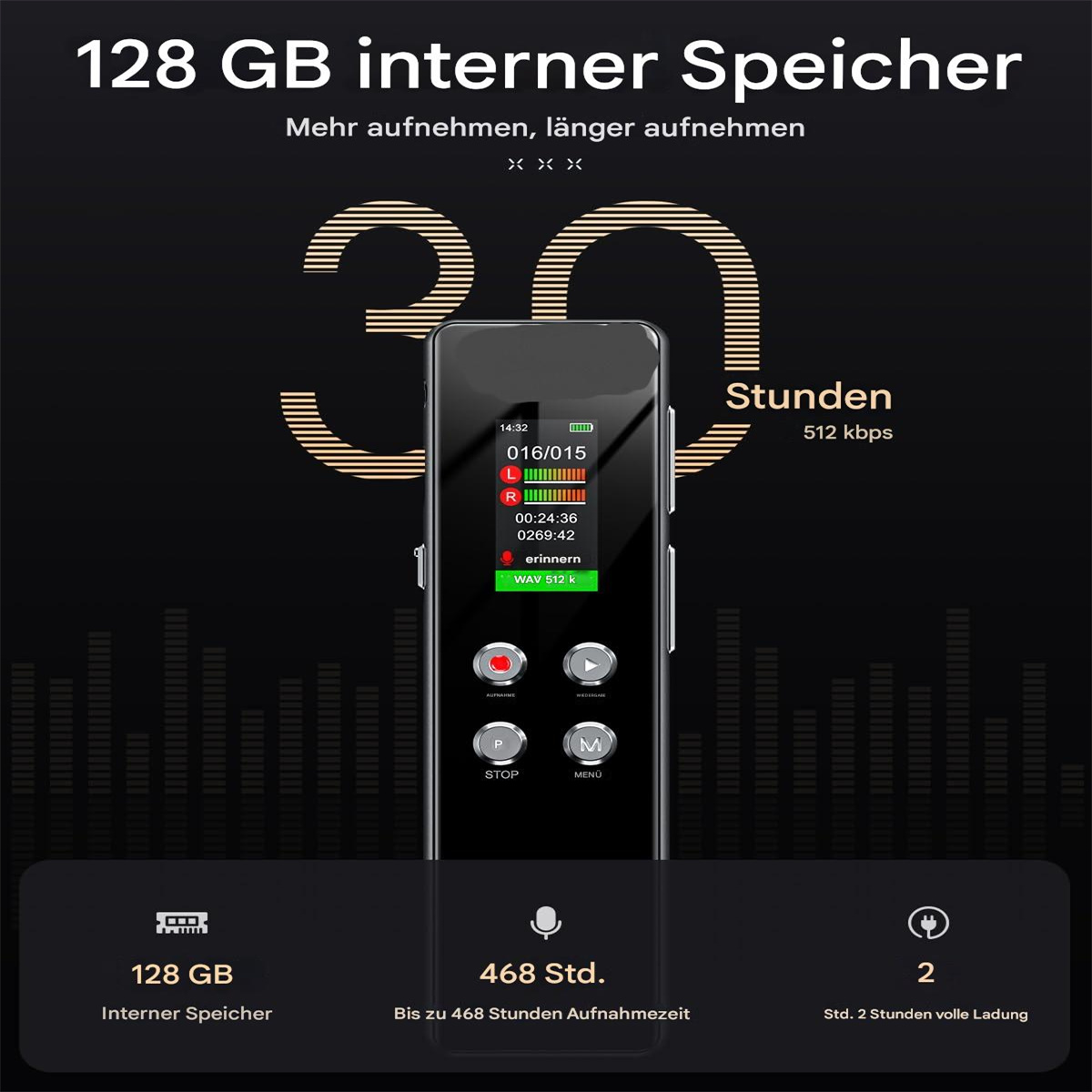 Ein schwarzes Diktiergerät mit Bildschirm, mit Daten und Grafik. Symbole für Speicher und Aufladen werden angezeigt.