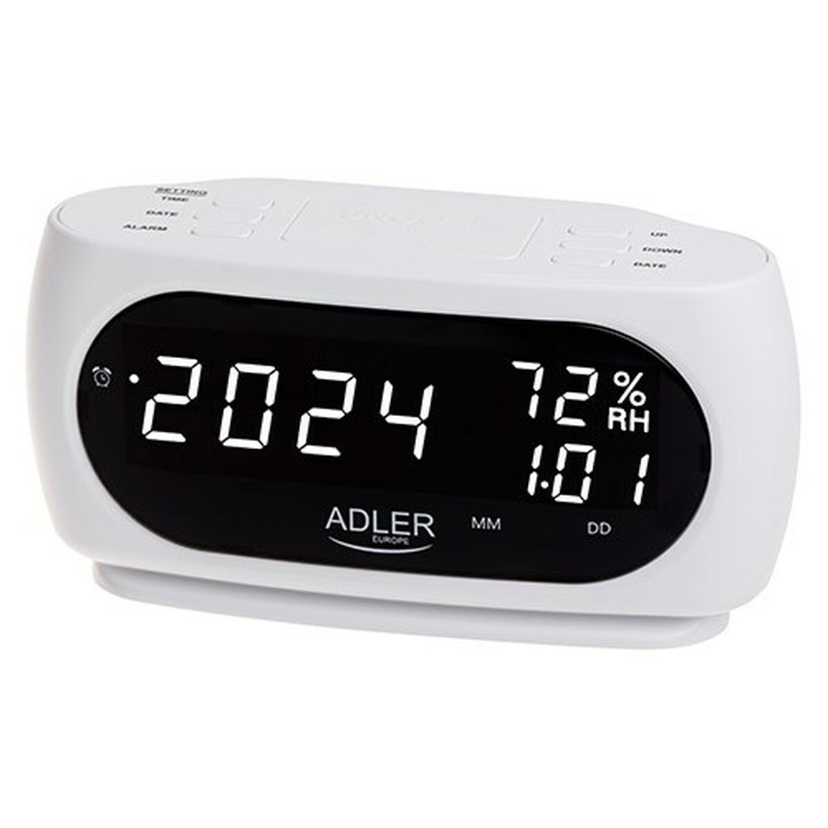Weißer digitaler Wecker mit schwarzem Display, der 2024, 72 % Luftfeuchtigkeit und 1:01 anzeigt.