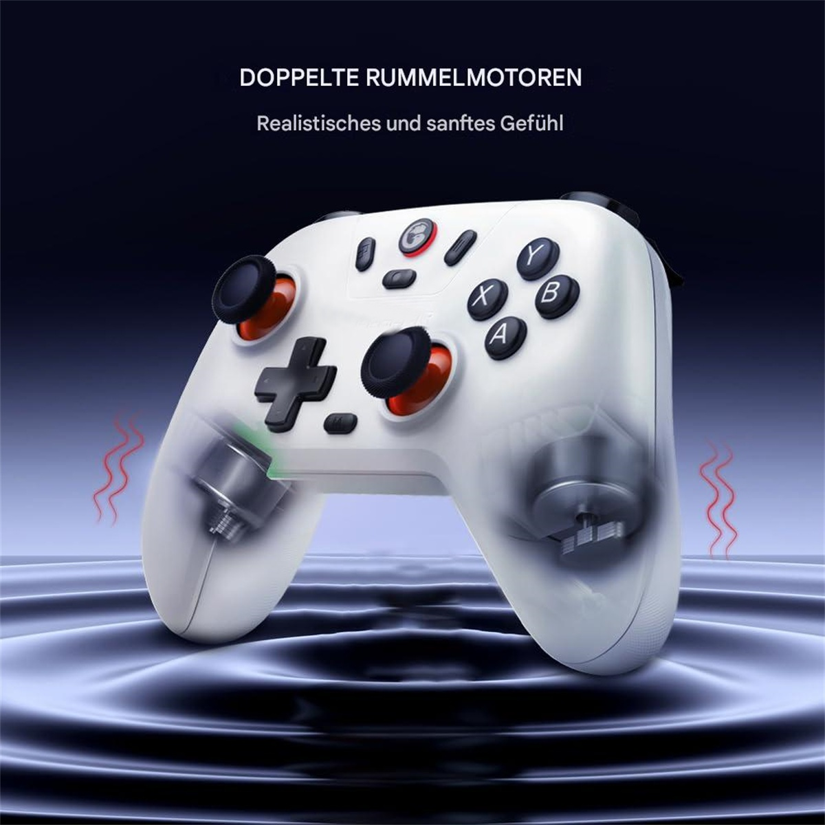 Weißer Gamecontroller mit Tasten. Text sagt 'Doppelte Rummelmotore' und Knöpfe sind rot.