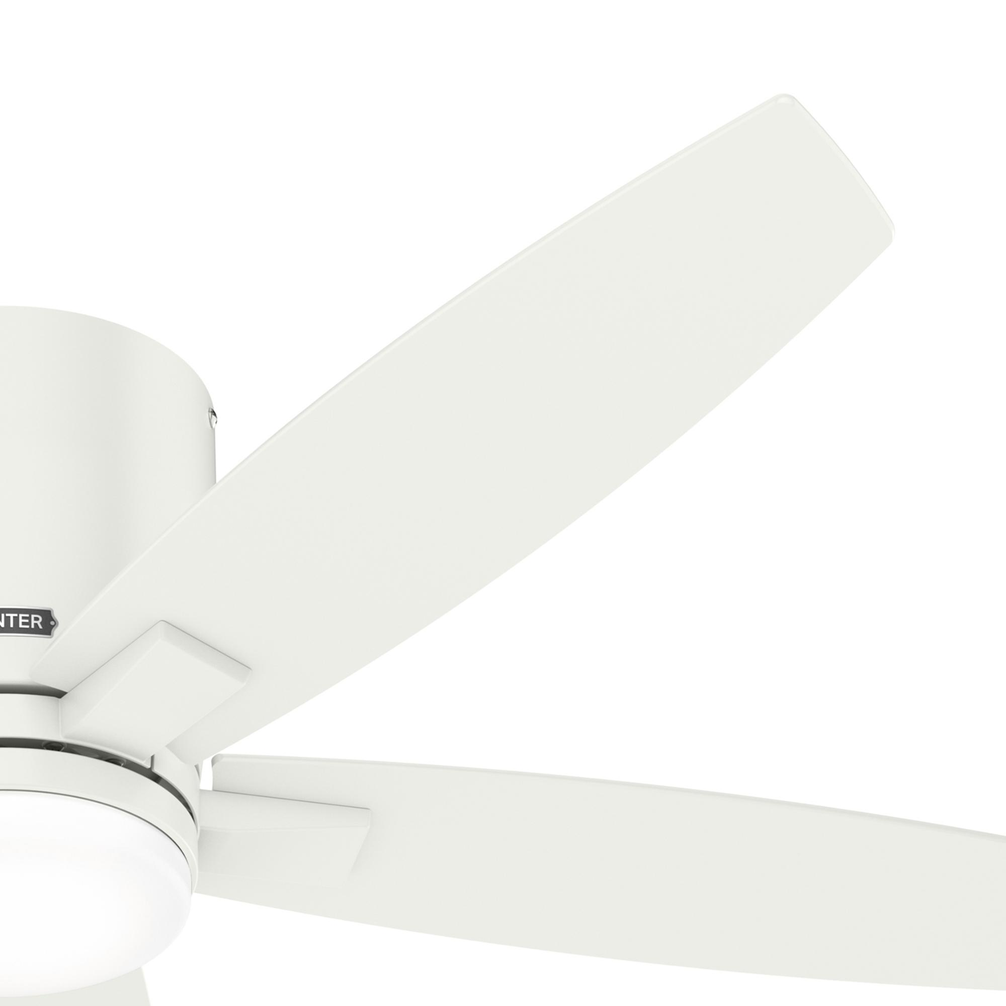 Nahaufnahme von weißen Deckenventilatorflügeln und einem Teil des Lüfterkörpers. Flügel sind abgewinkelt.