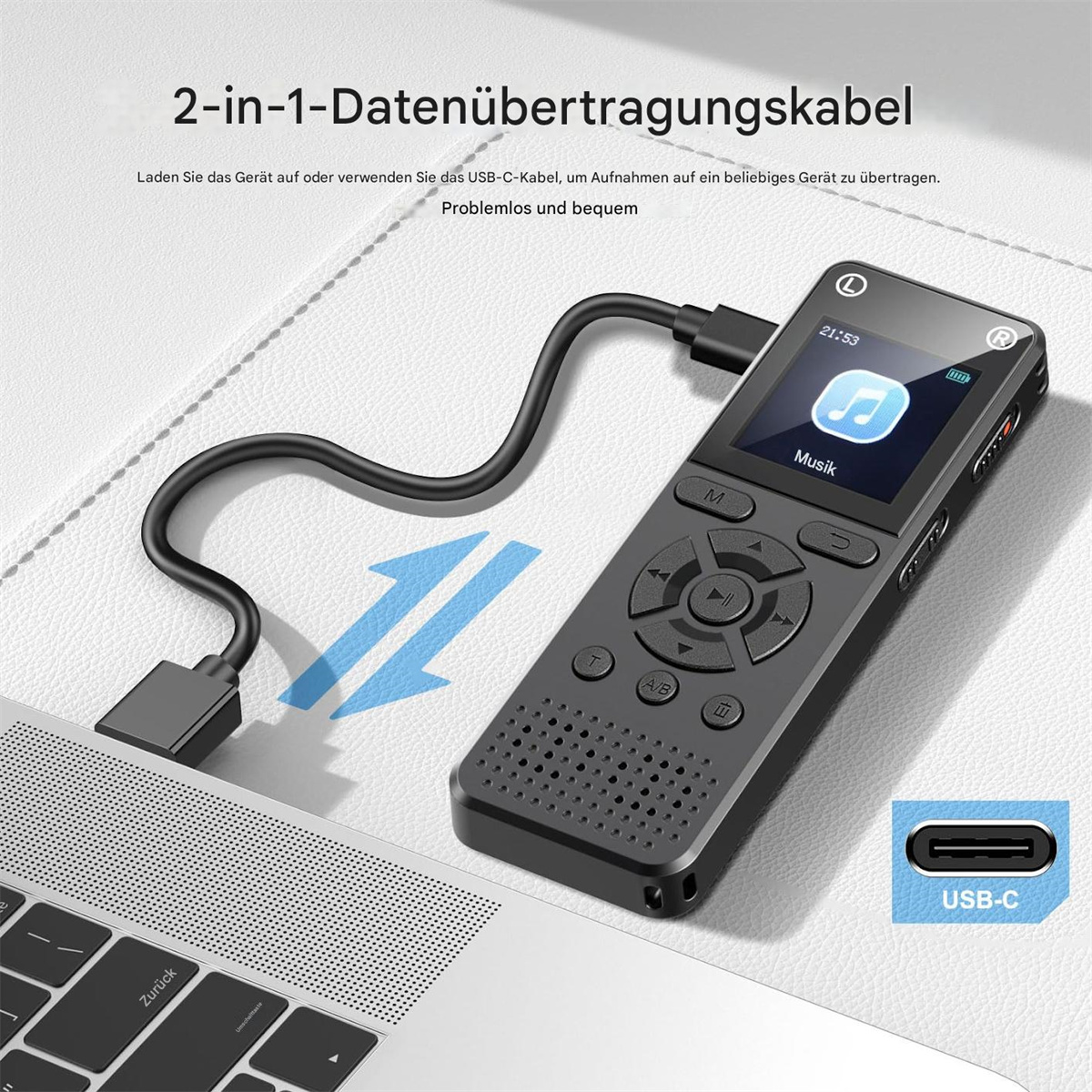 Schwarzer Sprachrekorder, der über ein USB-Kabel mit einem Laptop verbunden ist. Text: 2-in-1-Datenübertragungskabel und USB-C.