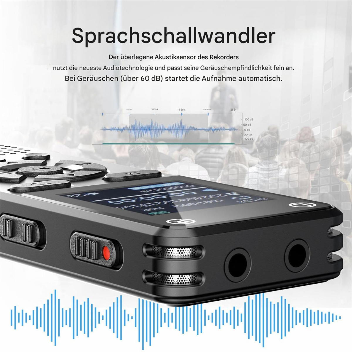 Nahaufnahme eines digitalen Diktiergeräts mit Bildschirm, der Informationen anzeigt. Knöpfe sind sichtbar.