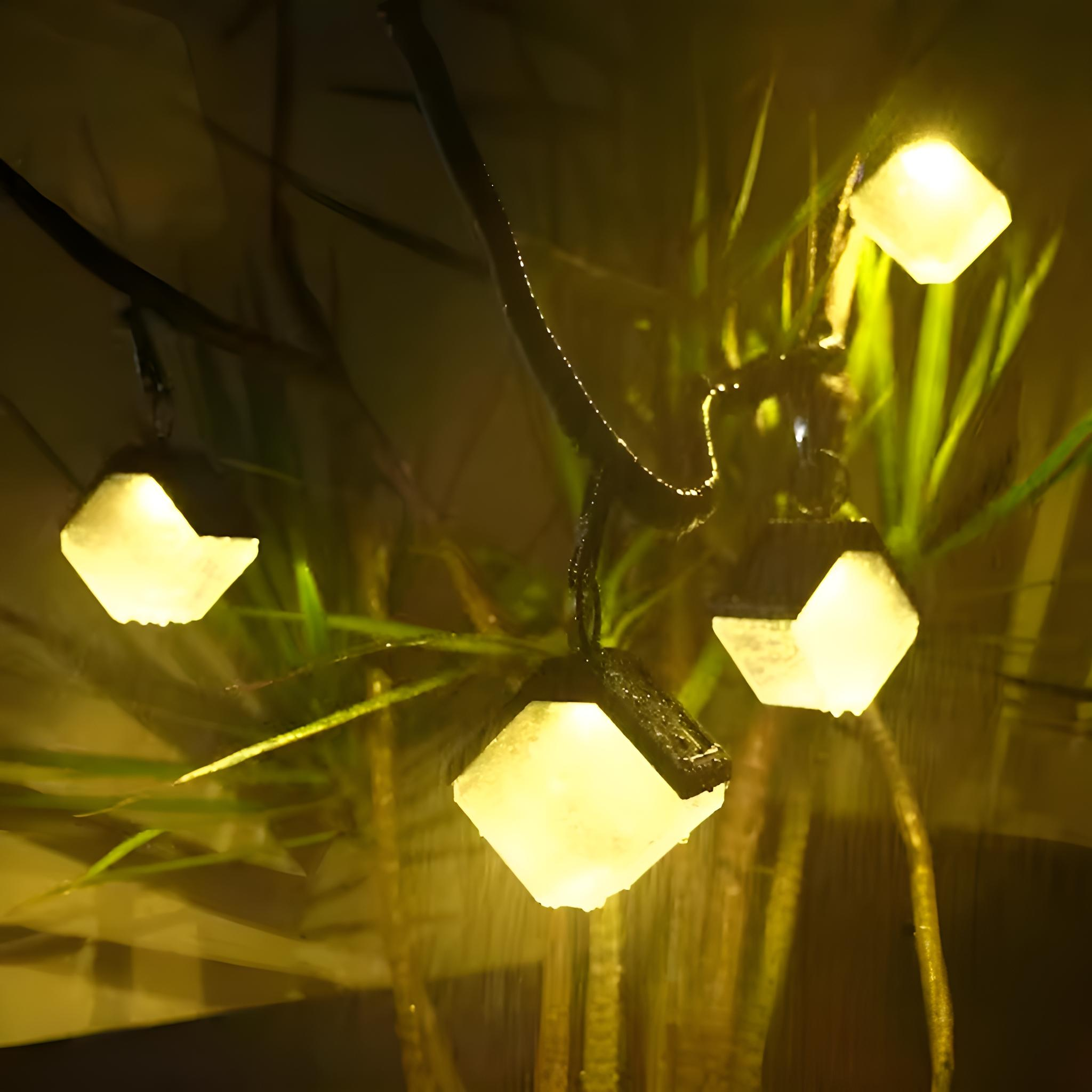 Eine Lichterkette in einem Garten. Sie sind quadratisch und strahlen im Dunkeln ein warmes Licht aus.