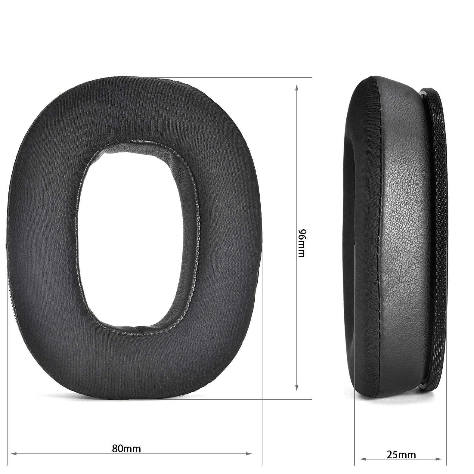 Due cuscinetti neri con dimensioni: 80mm di larghezza, 96mm di altezza e 25mm di spessore.