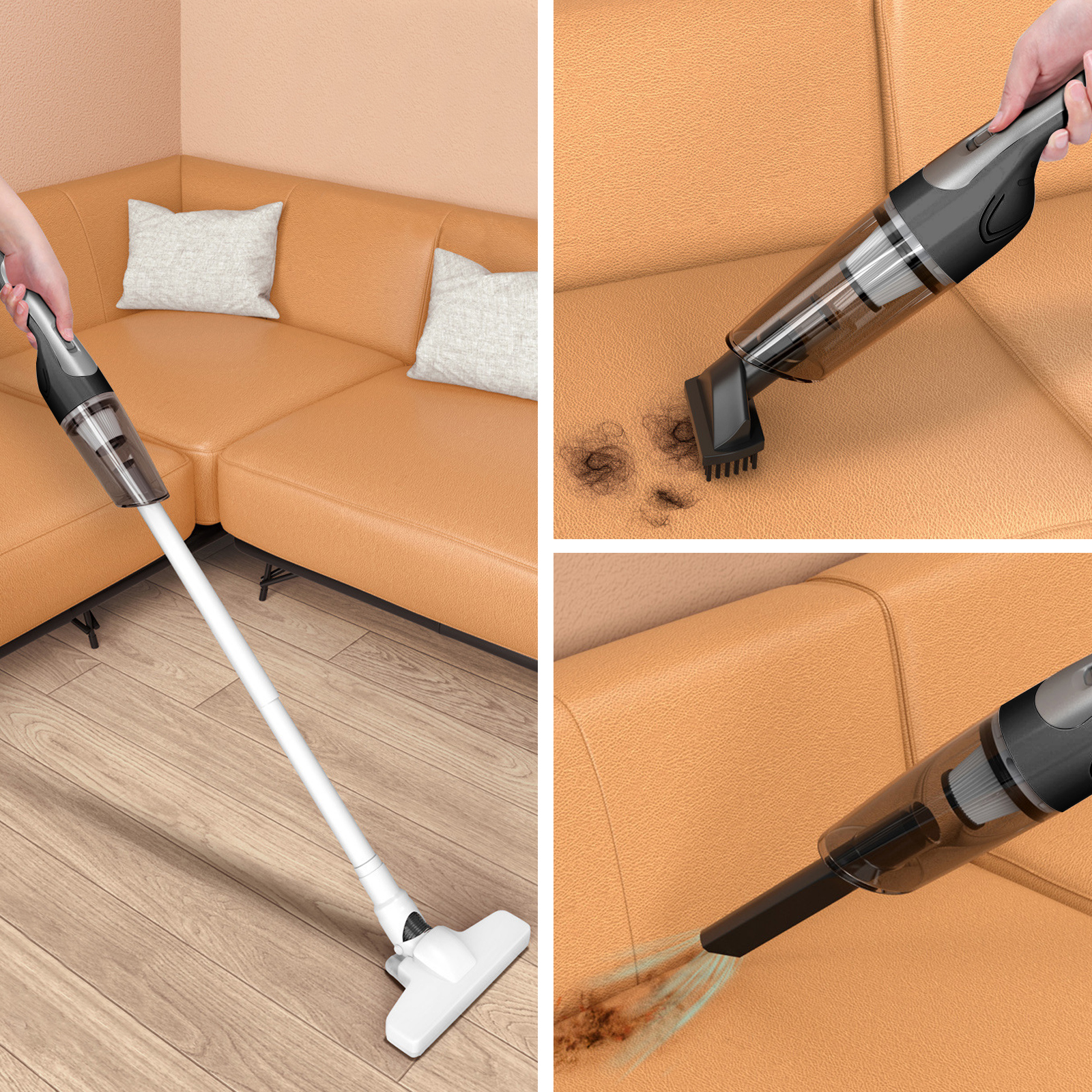 Ein Staubsauger wird auf einer Couch verwendet. Drei Bilder zeigen den Reinigungsprozess.