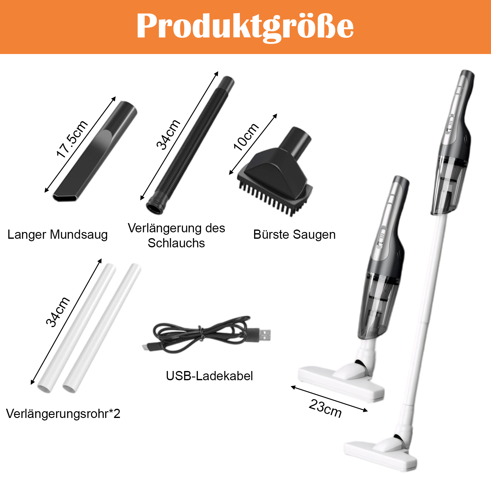 Grafik zur Produktgröße mit Staubsaugeraufsätzen, mit Maßen und Beschriftungen auf Deutsch.