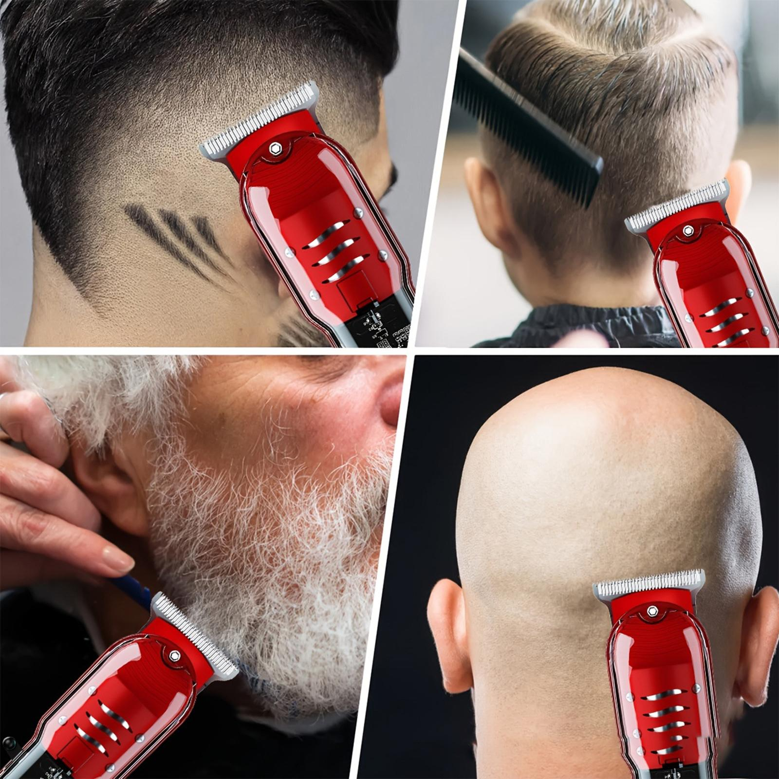 Collage, der einen roten und silbernen Haarschneider im Einsatz zeigt. Szenen umfassen Haareschneiden am Kopf und Bart eines Mannes.