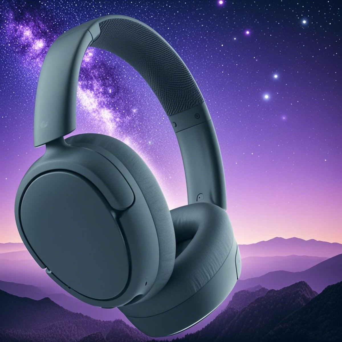 Cuffie grigio scuro su uno sfondo di cielo notturno stellato e montagne, creando una scena serena e suggestiva.