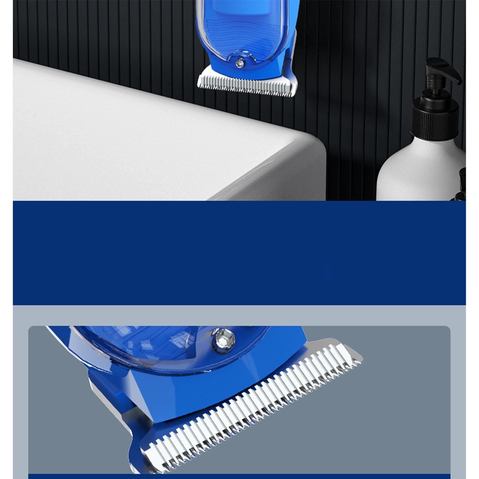 Nahaufnahme einer blau-silbernen Haarschneidemaschinenklinge mit weißer Oberfläche und schwarzem Hintergrund; Teil eines Trimmers.