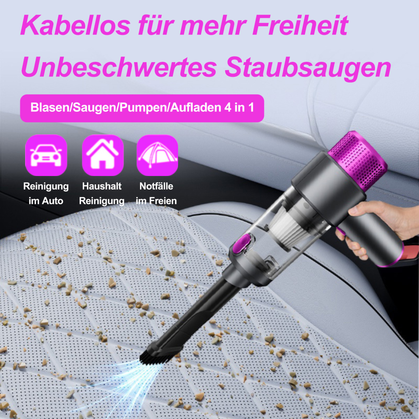 Ein Handstaubsauger auf einem Autositz, mit Text über Reinigung, Haushalt und Outdoor-Einsatz.