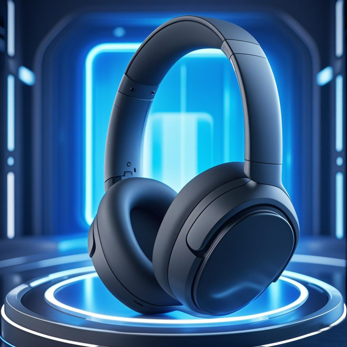 Cuffie nere su una piattaforma illuminata di blu, su sfondo futuristico e luminoso.
