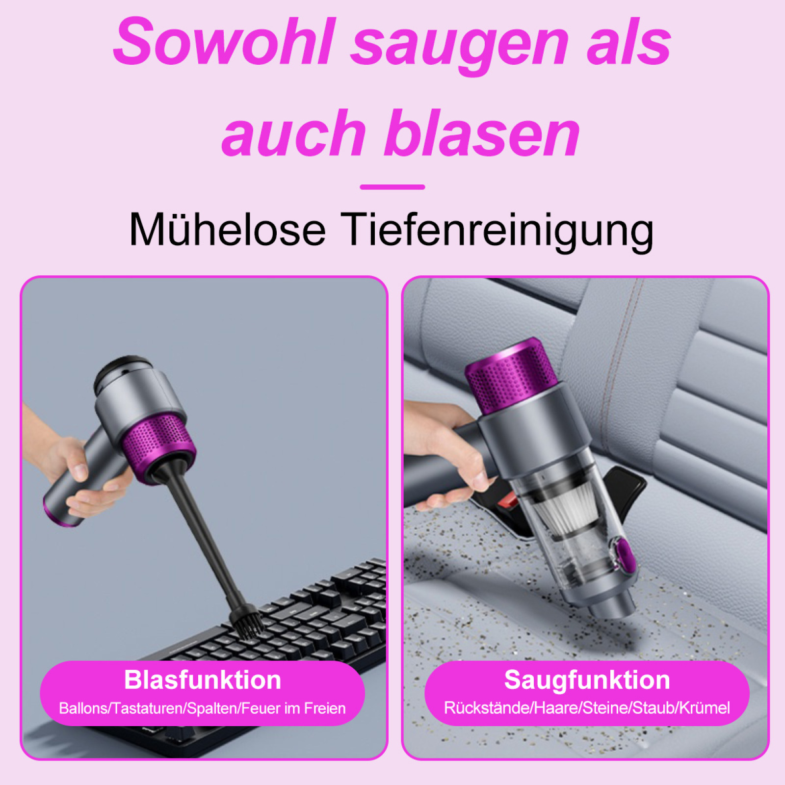 Bild, das zwei Aktionen zeigt: Saugen und Blasen, mit einem kleinen Handgerät zur Reinigung.