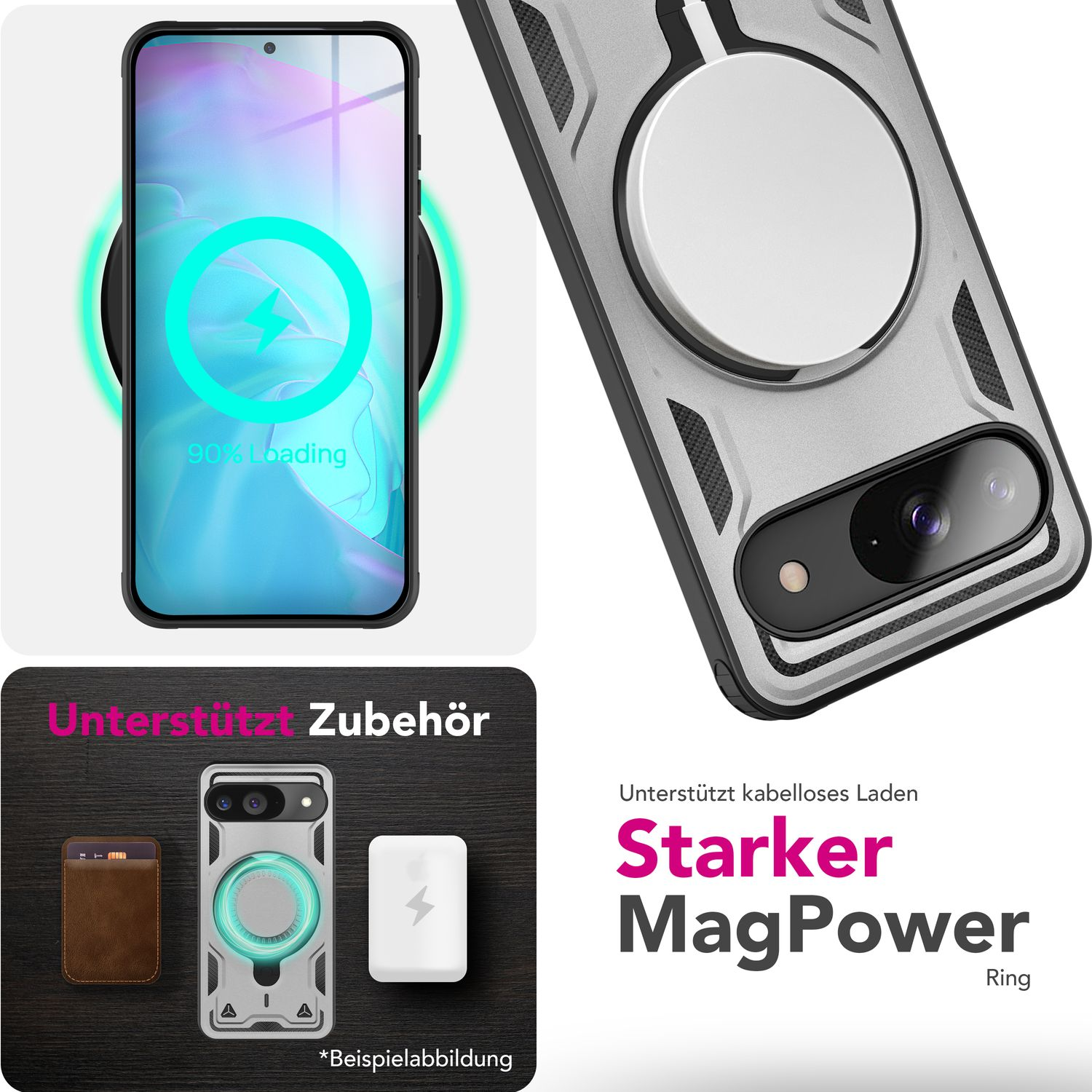 Un collage mostra un telefono in carica wireless, accessori supportati e testo che promuove un MagPower Ring più potente.