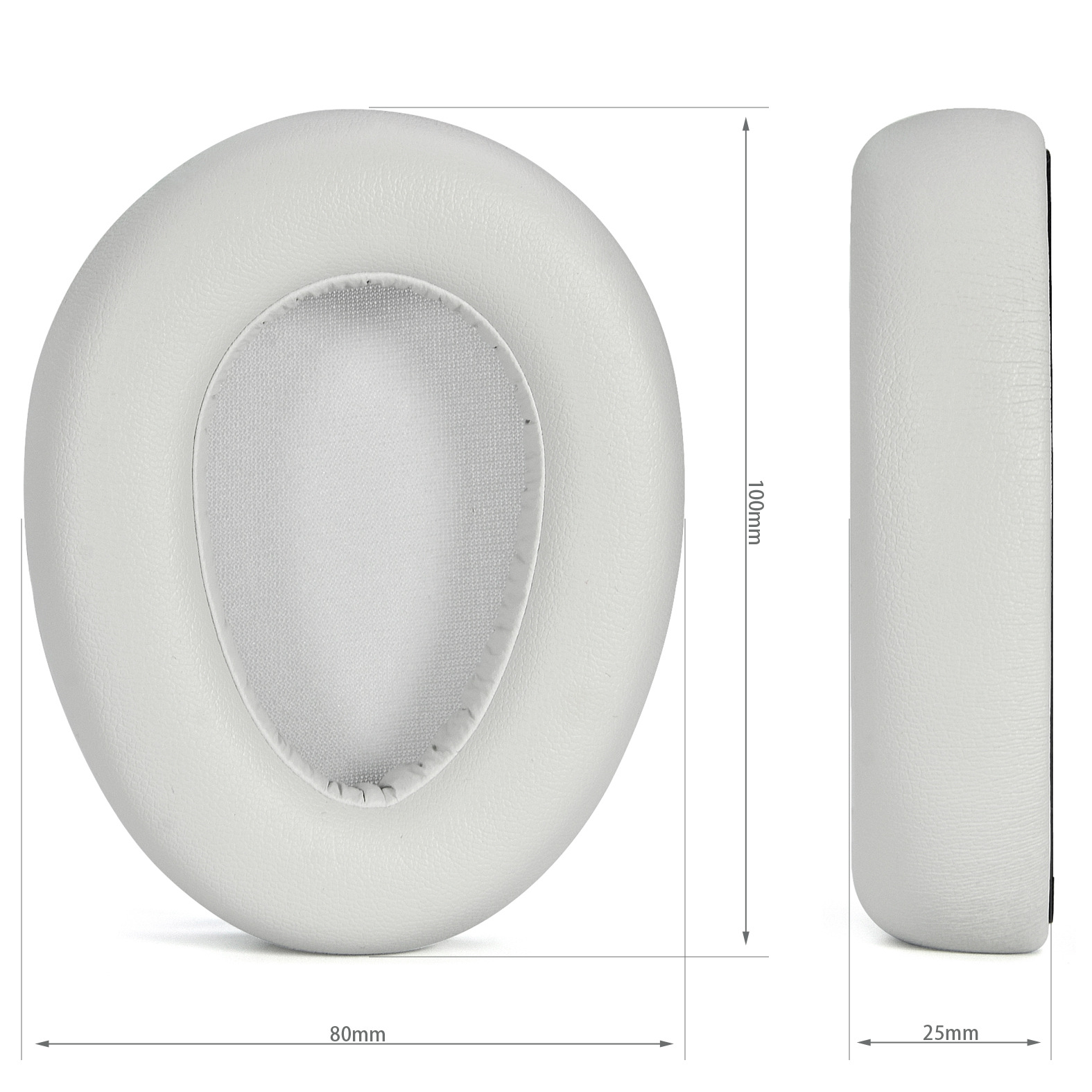 Weißes Kopfhörer-Ohrpolster mit Abmessungen von 80 mm x 100 mm und Seitenansicht von 25 mm Dicke.