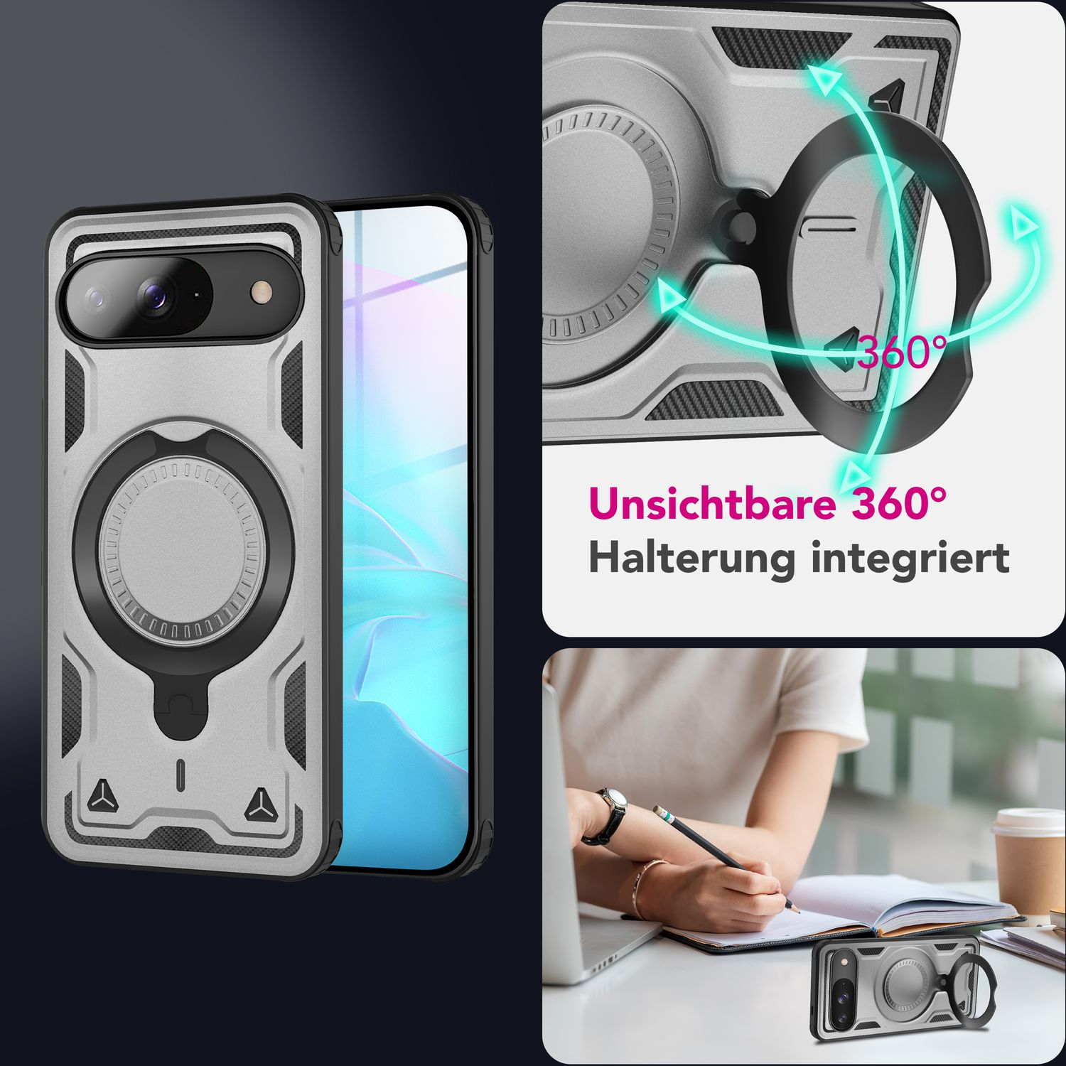Custodia per telefono con anello. Rotazione a 360°. Design argento e nero.