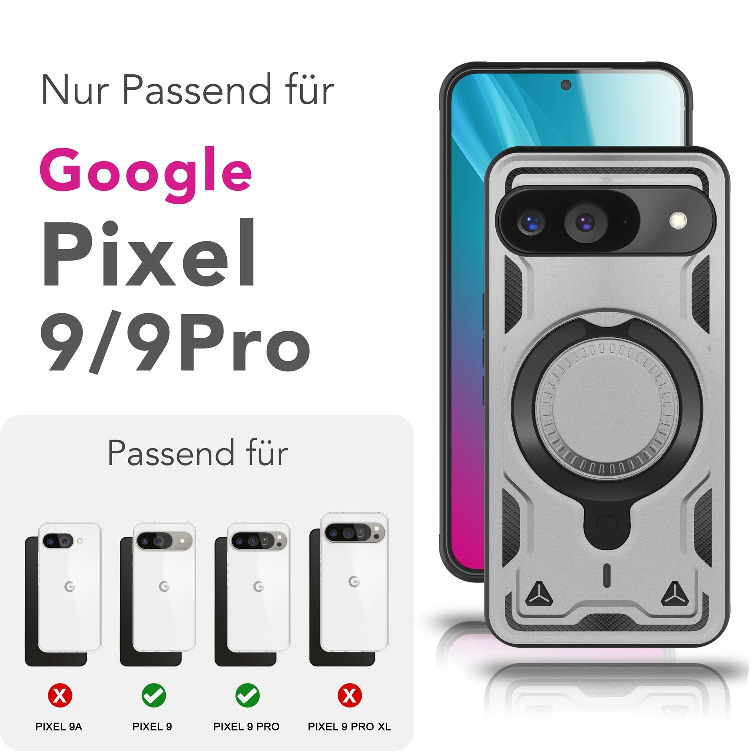 Custodia per Google Pixel, con modelli compatibili. Design nero e grigio.