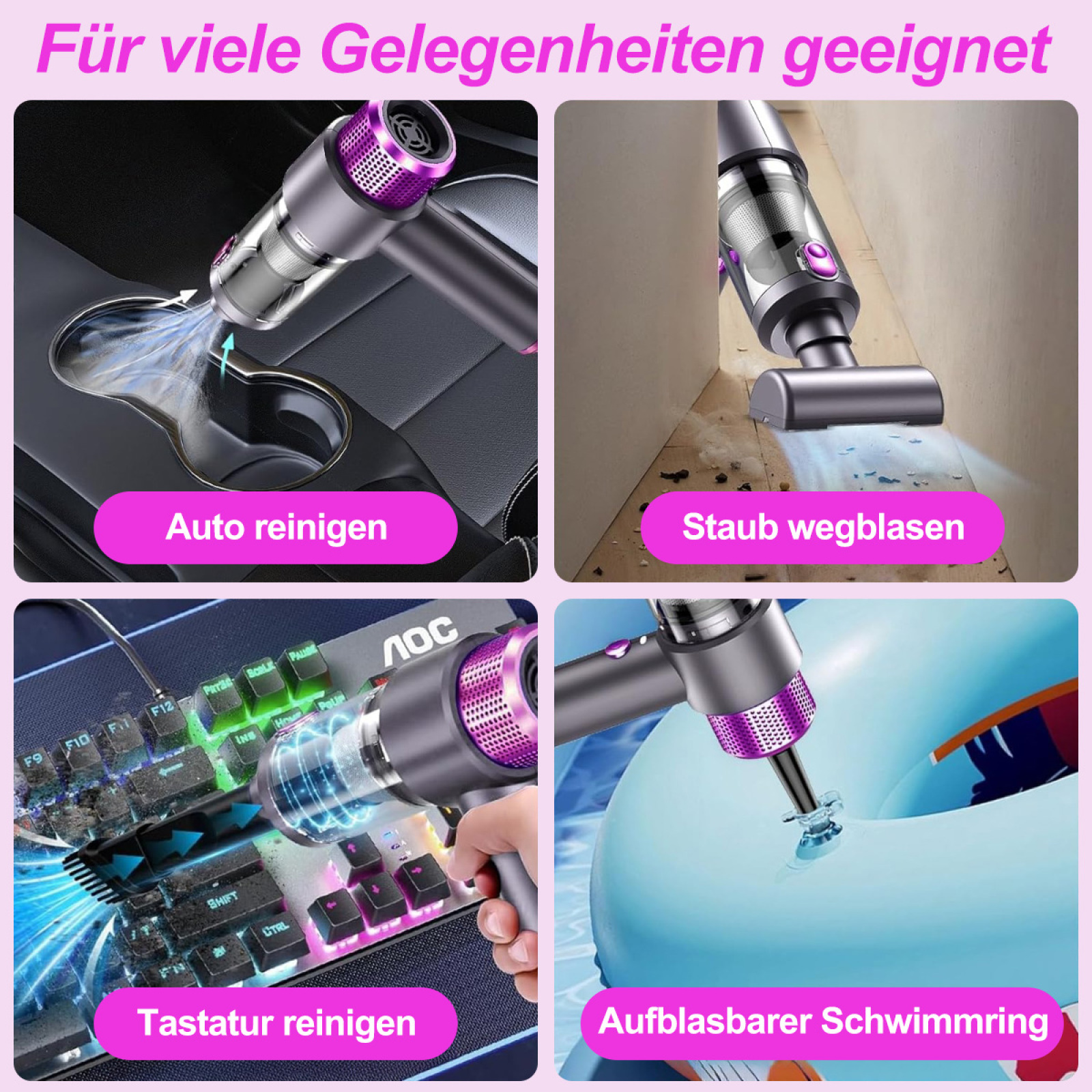 Staubsauger reinigt verschiedene Oberflächen. Lila und graue Farben.