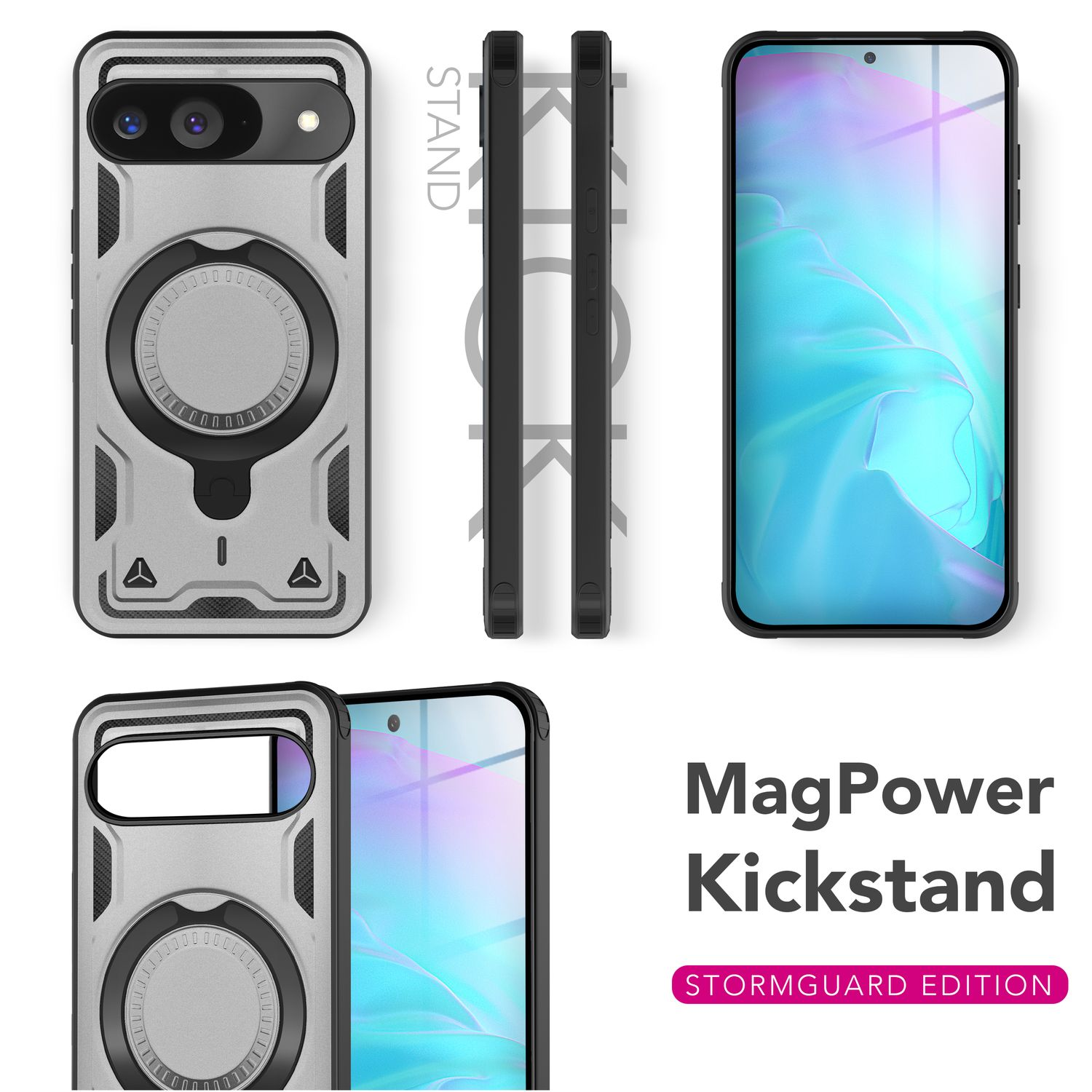 Custodia per telefono con cavalletto. Diverse angolazioni, design grigio e nero.