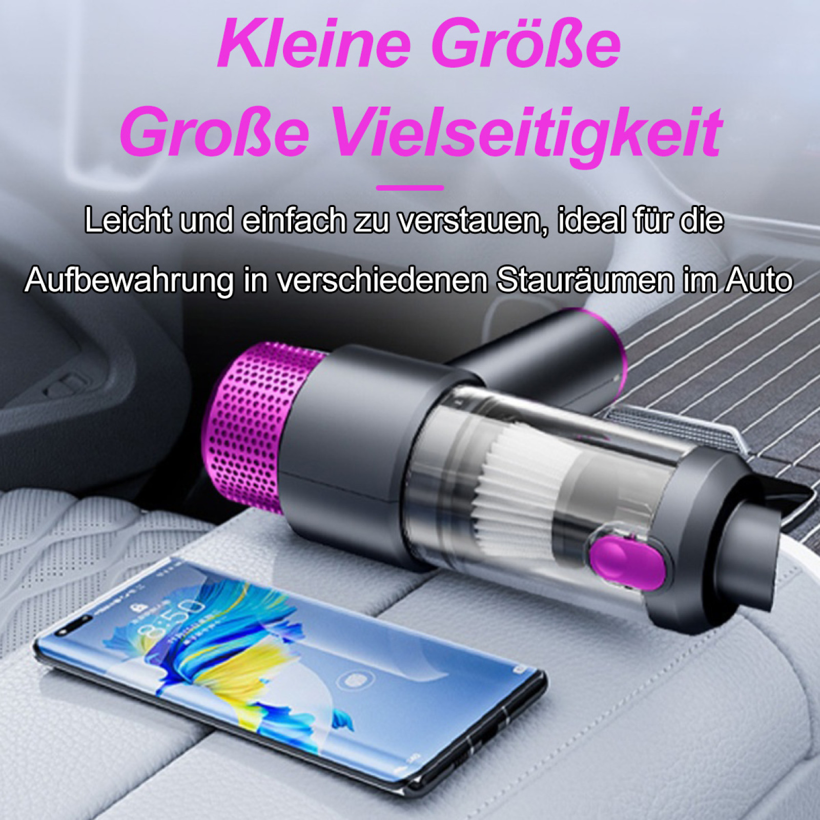 Ein Handstaubsauger mit Text über Vielseitigkeit und geringe Größe, auf einem Telefonbildschirm.