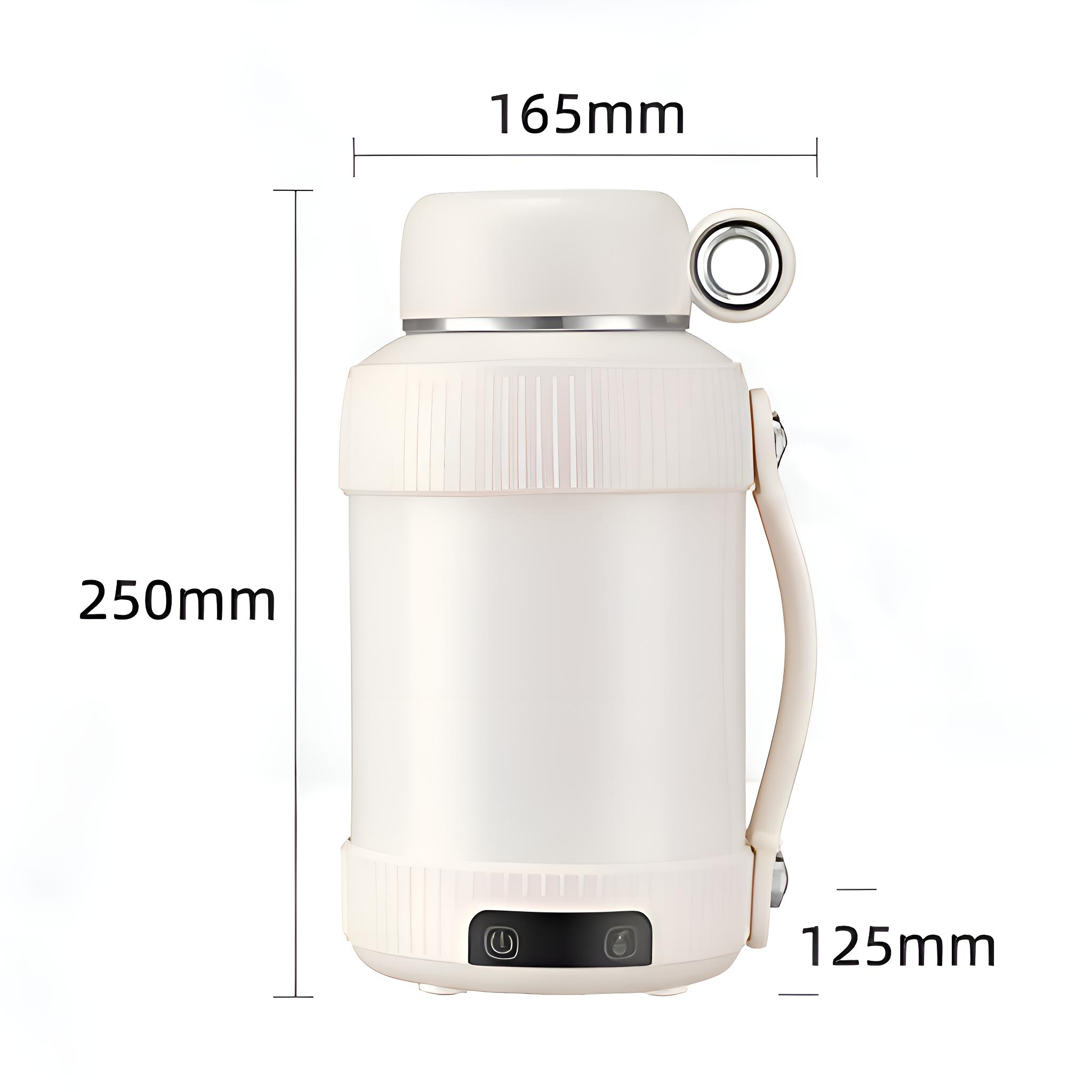 Weißer tragbarer Wasserkocher mit Abmessungen, einschließlich einer Höhe von 250 mm und einer Breite von 165 mm.