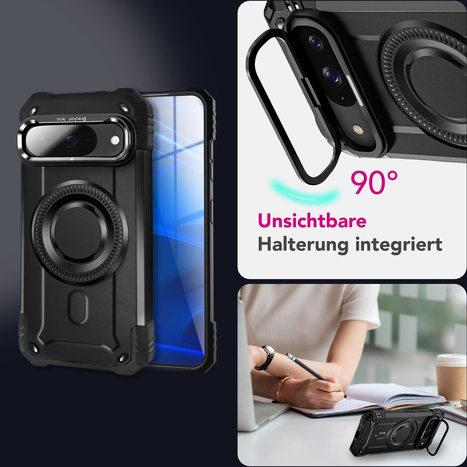 Una custodia per telefono nera con un anello magnetico e una penna, con una donna che scrive su una scrivania sullo sfondo.