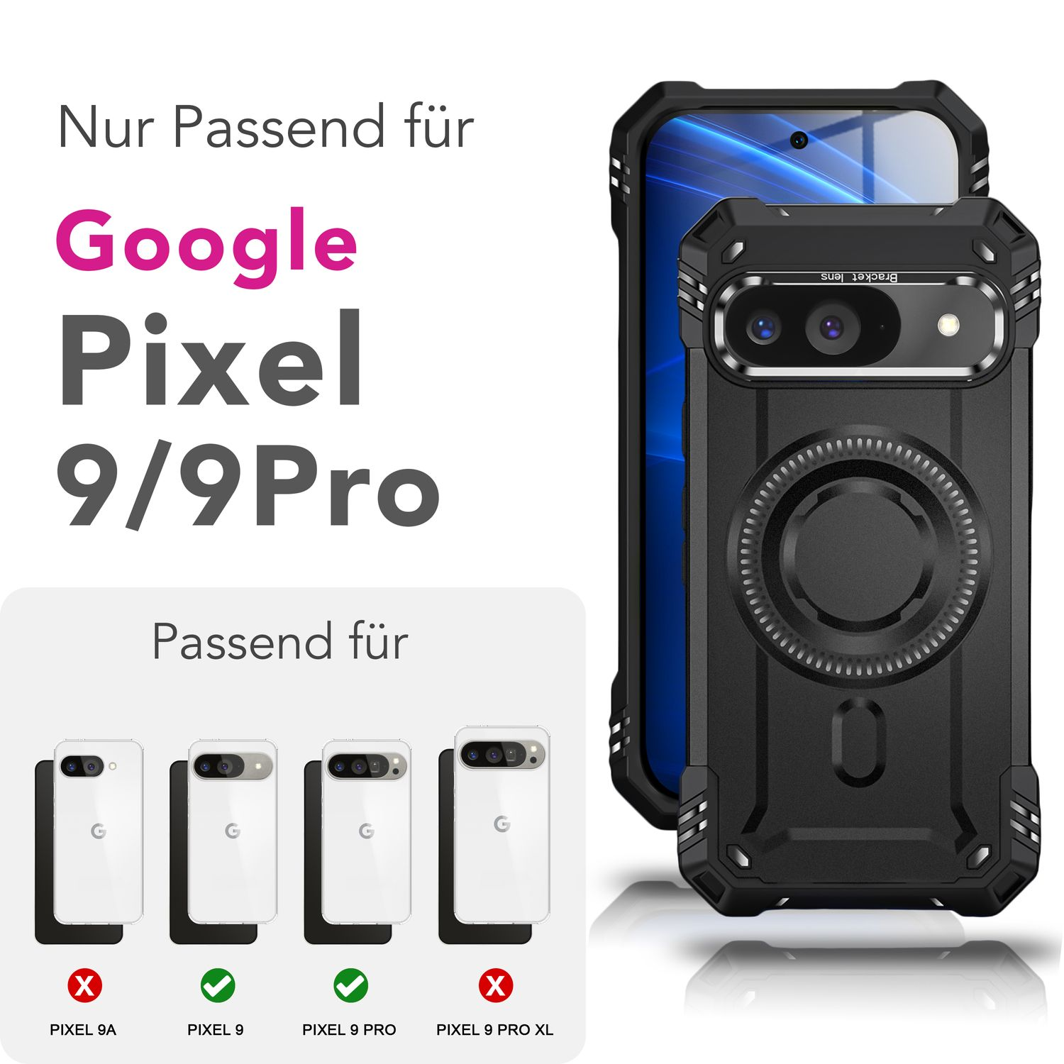 Una custodia per telefono per Google Pixel 9/9Pro, con immagini di telefoni compatibili e caratteristiche della custodia.
