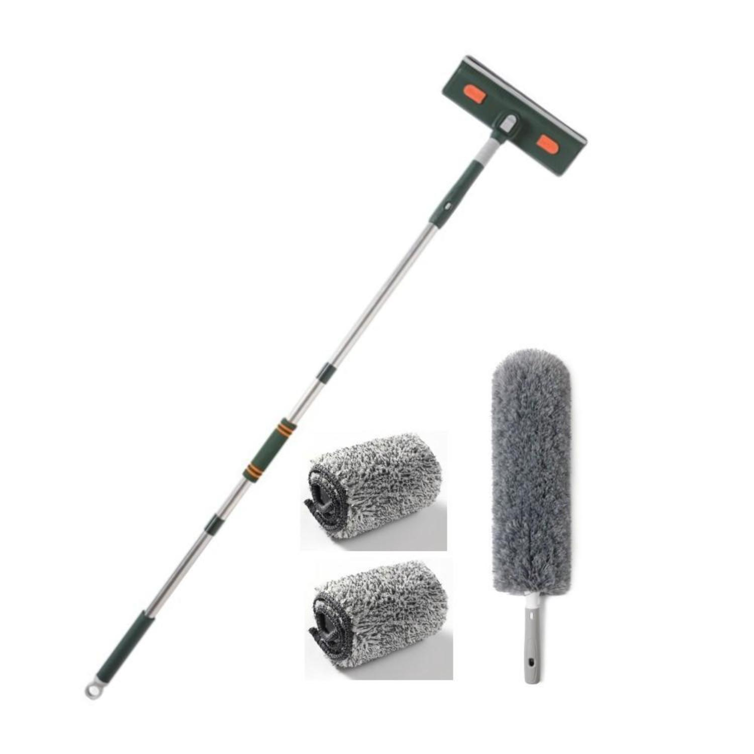Ein Fensterputz-Set, einschließlich eines Squeegees mit langem Stiel, Mikrofasertüchern und einem Staubwedel.