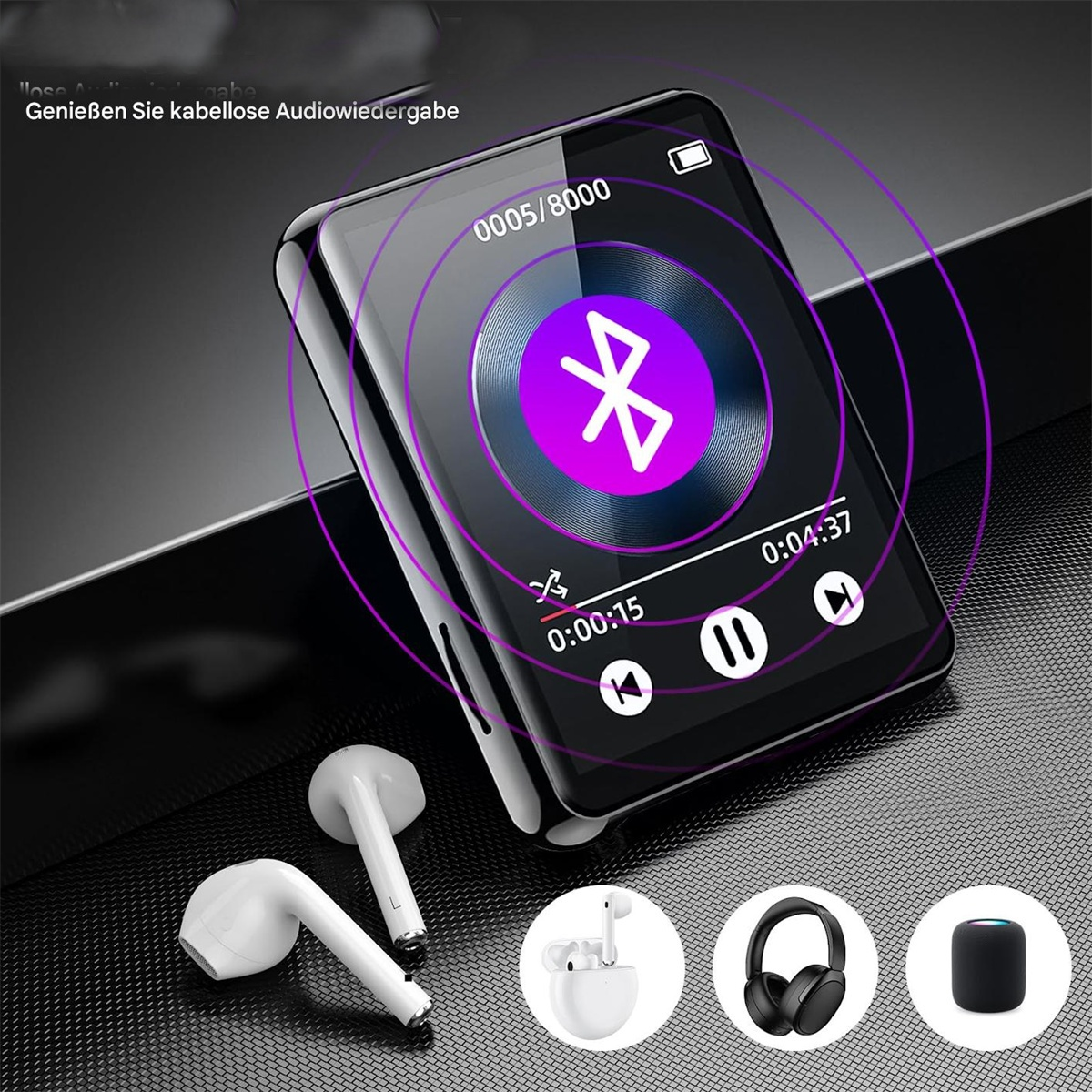 Ein MP3-Player mit Bluetooth-Symbol auf dem Bildschirm, weißen Ohrhörern und anderen Audiogeräten.