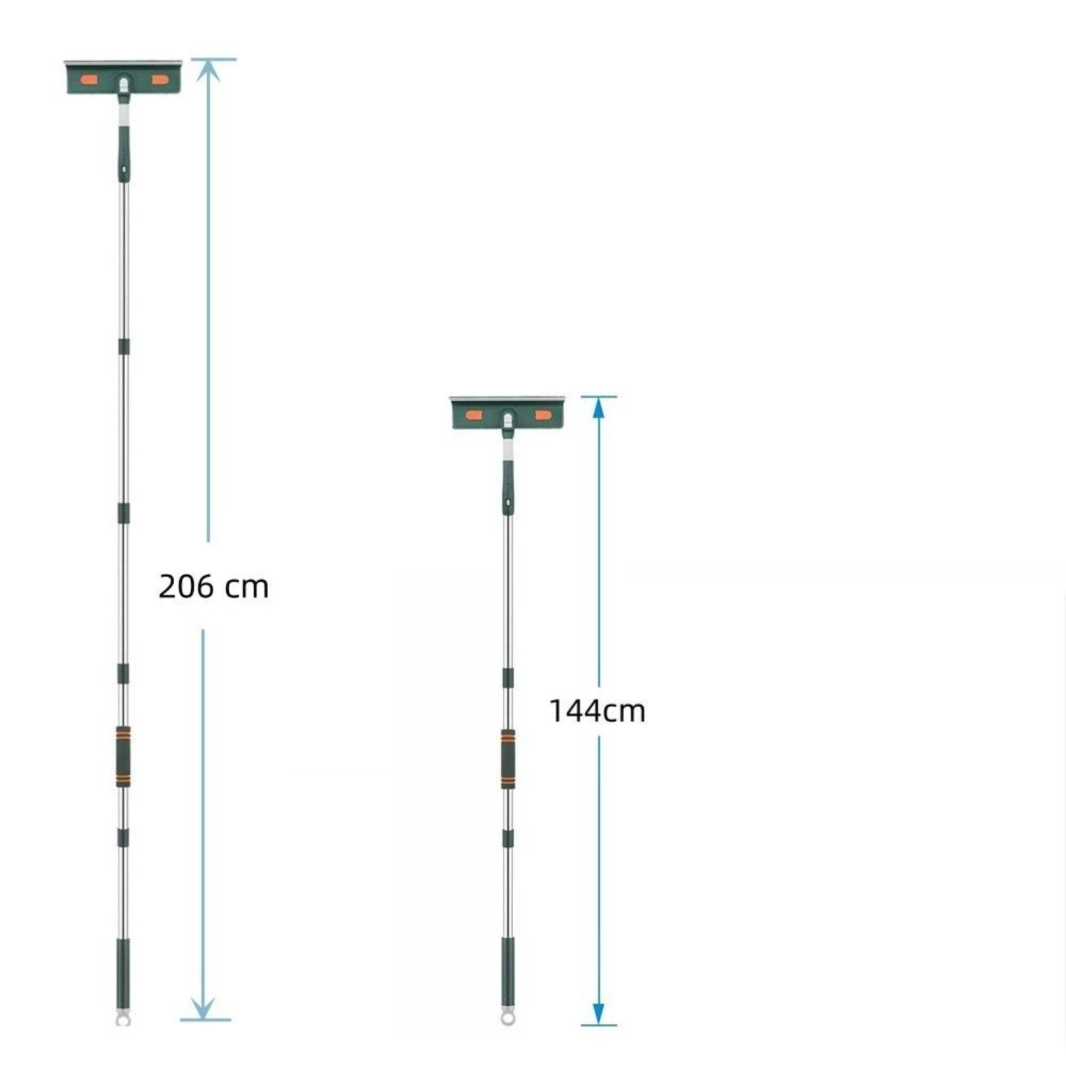 Zwei Fensterputzstangen, die die ausgefahrene und eingefahrene Länge in Zentimetern zeigen.