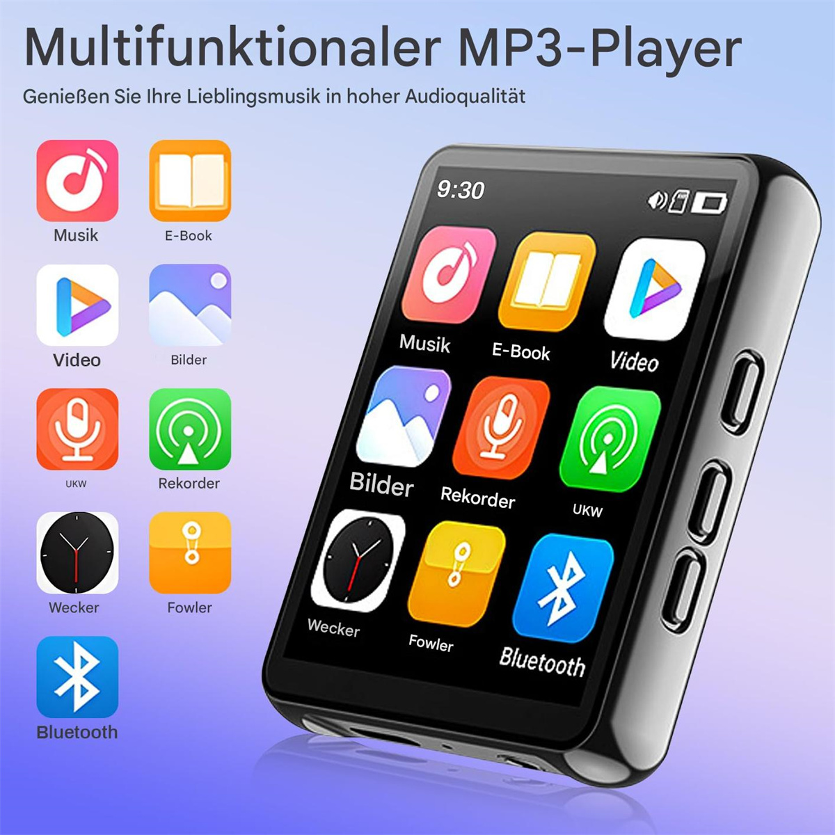Ein schwarzer MP3-Player mit Touchscreen, der App-Symbole wie Musik, Video und Einstellungen anzeigt.