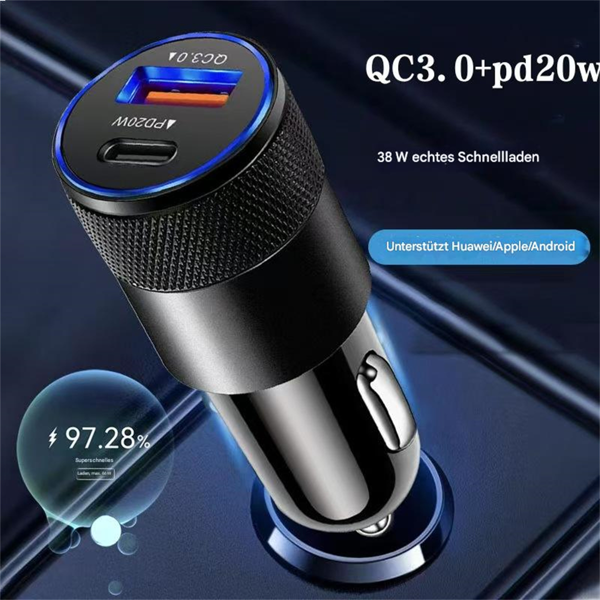Ein schwarzes Autoladegerät mit USB-Anschlüssen, blauem Licht und dem Text 'QC3.0+pd20w' und '$97.28'.