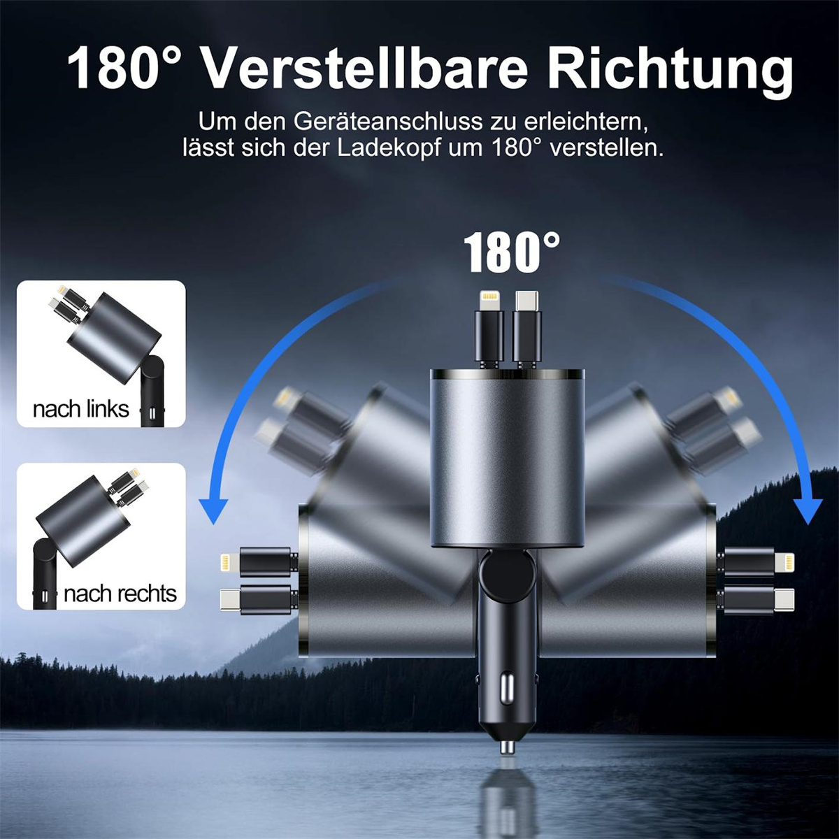 Silbernes Ladegerät mit mehreren USB-Anschlüssen und Pfeilen, die die Richtung anzeigen.