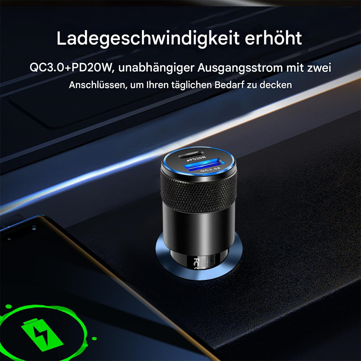 Schwarzes Autoladegerät mit blauem Licht und Text über schnelles Laden.