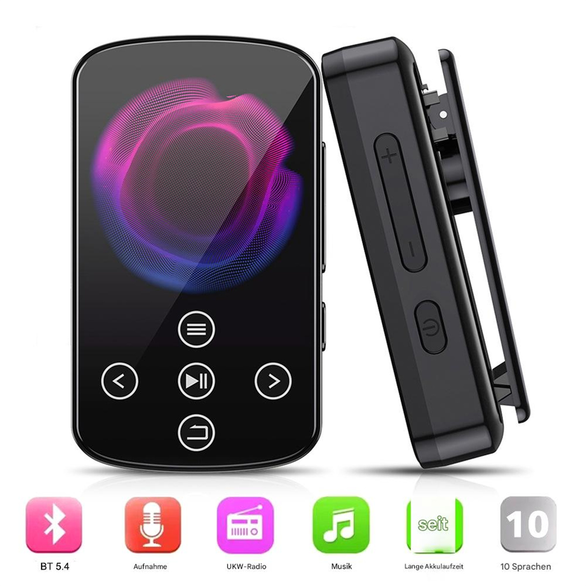 Schwarzer MP3-Player mit Bildschirm, der ein farbenfrohes Design zeigt, mit Symbolen darunter.
