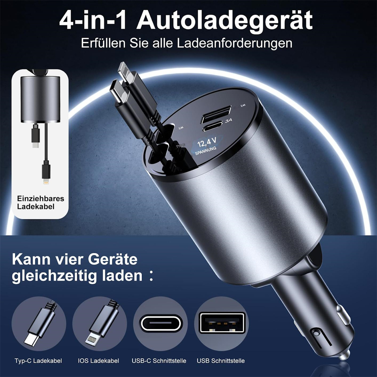 Ein 4-in-1-Autoladegerät mit mehreren Anschlüssen. Text auf Deutsch. Kabel und Anschlüsse gezeigt. USB und andere Typen.