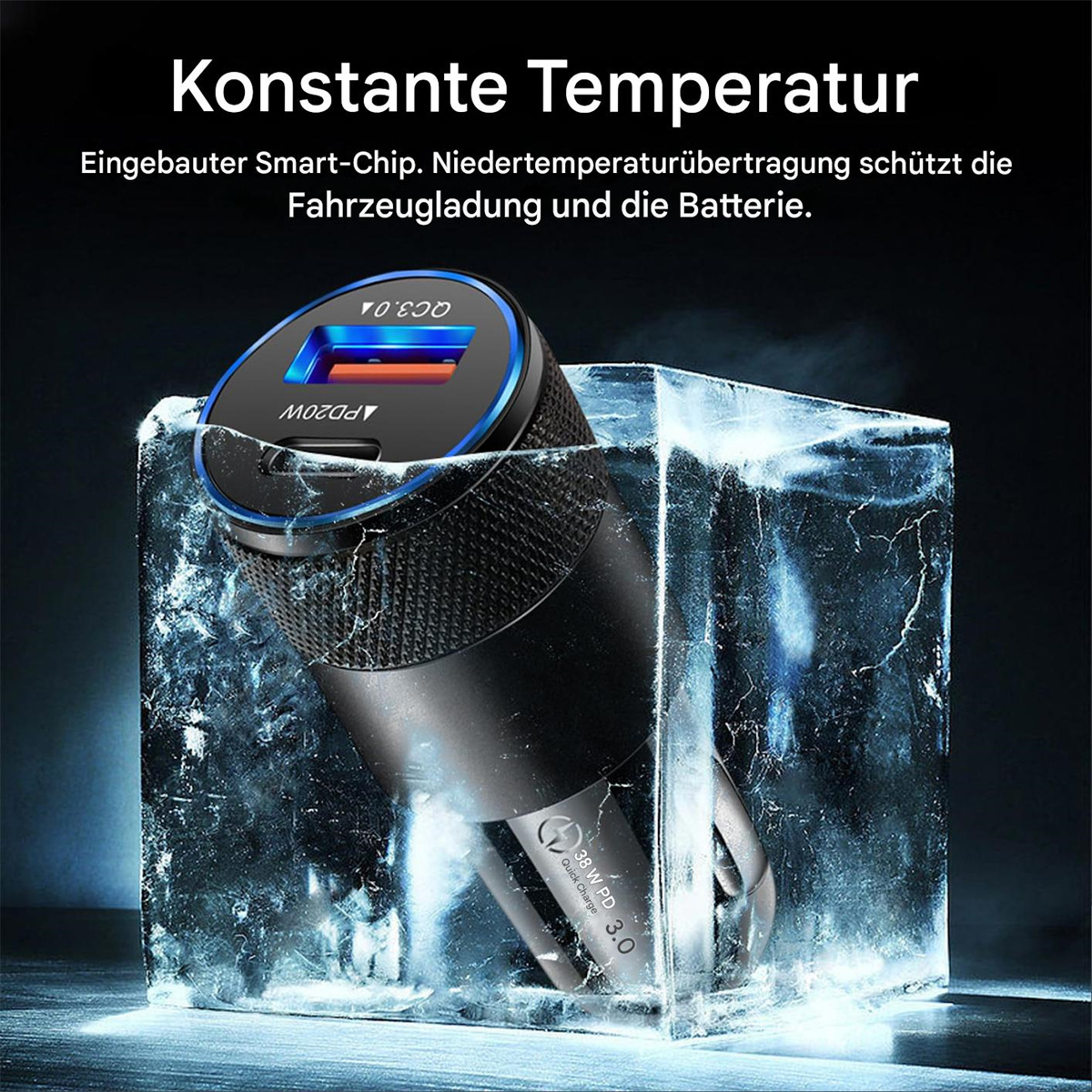 Schwarzes Autoladegerät in Eis, mit Text über konstante Temperatur.