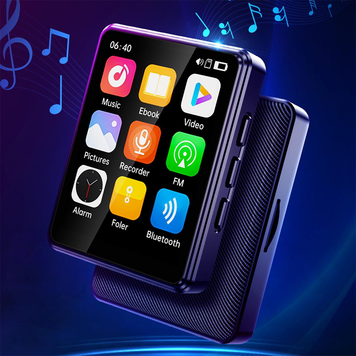 Schwarzer MP3-Player mit bunten Symbolen auf dem Bildschirm, mit Noten drum herum.