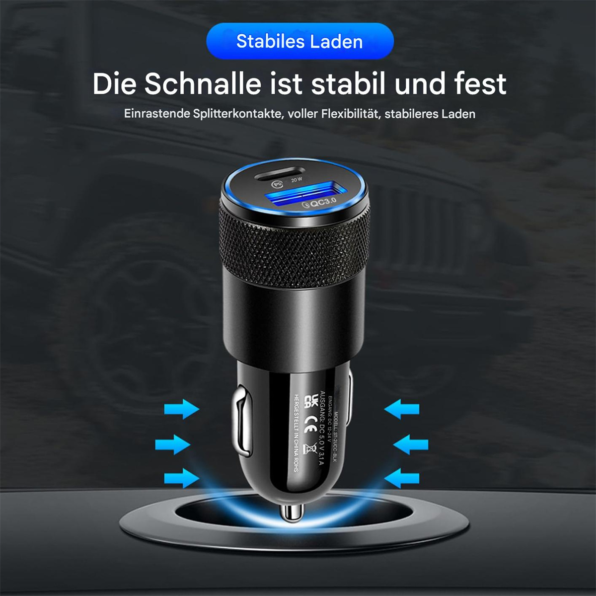 Ein Autoladegerät mit mehreren Anschlüssen und blauem Licht. Pfeile zeigen die Stabilität des Ladegeräts an. Text auf Deutsch.